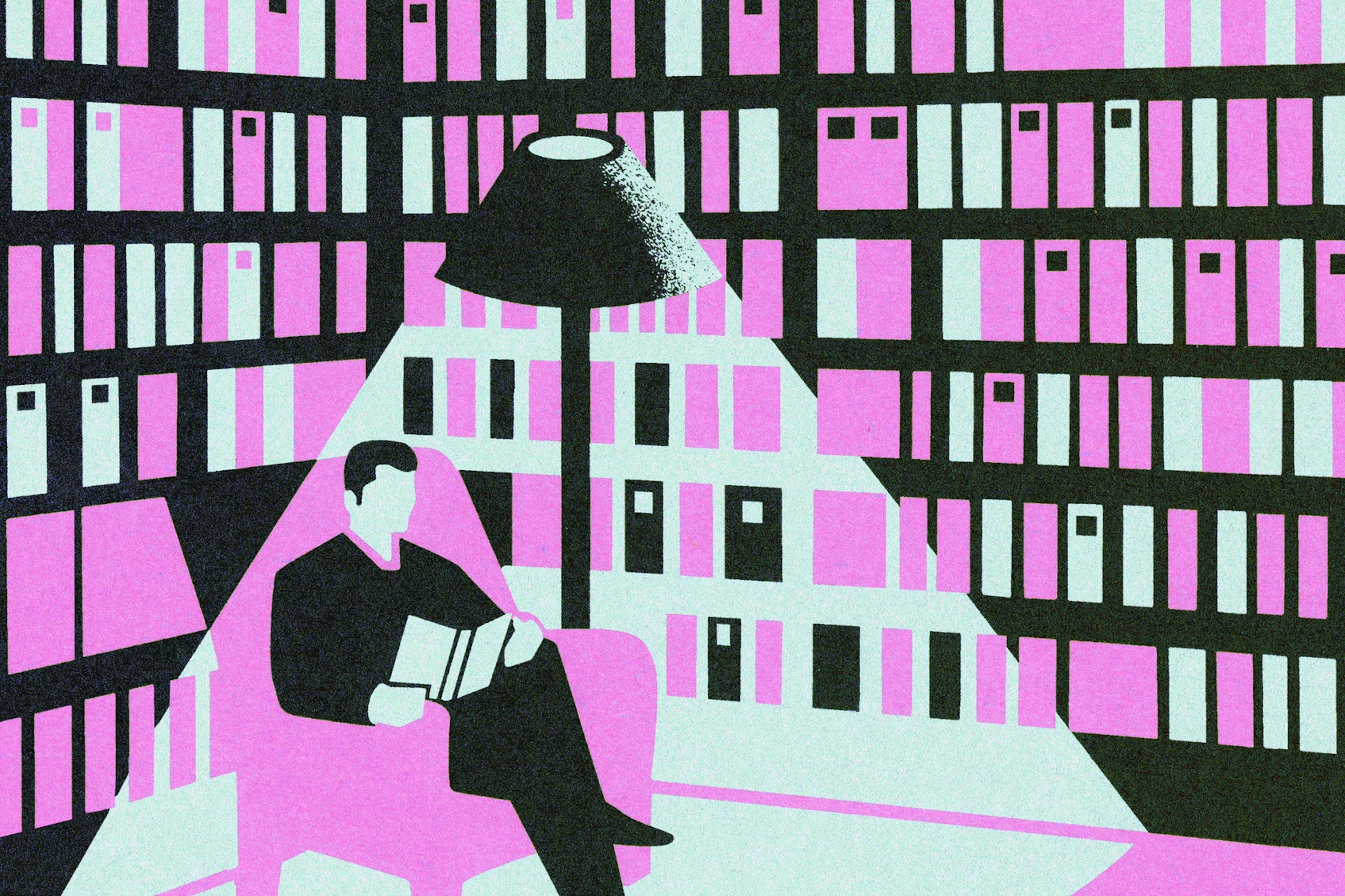 Purple Man Reading in Library