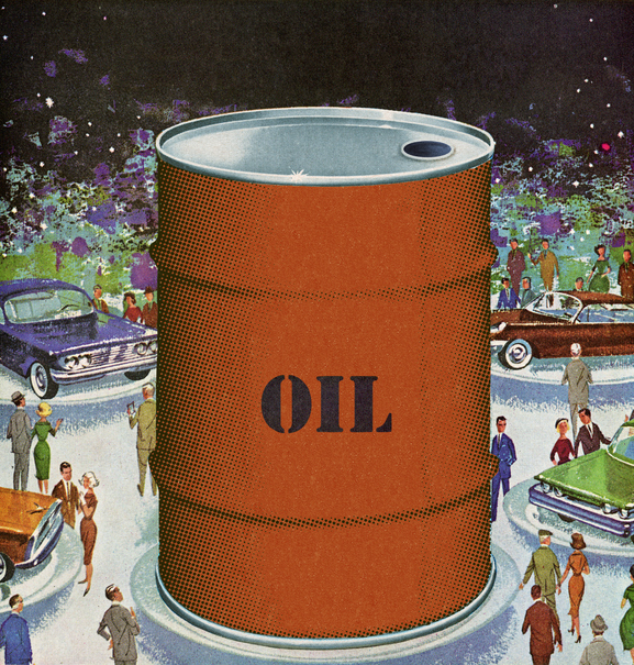 Barrel of Oil at Auto Show cartoon