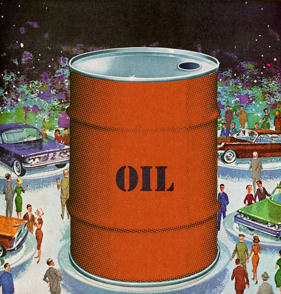 Barrel of Oil at Auto Show cartoon