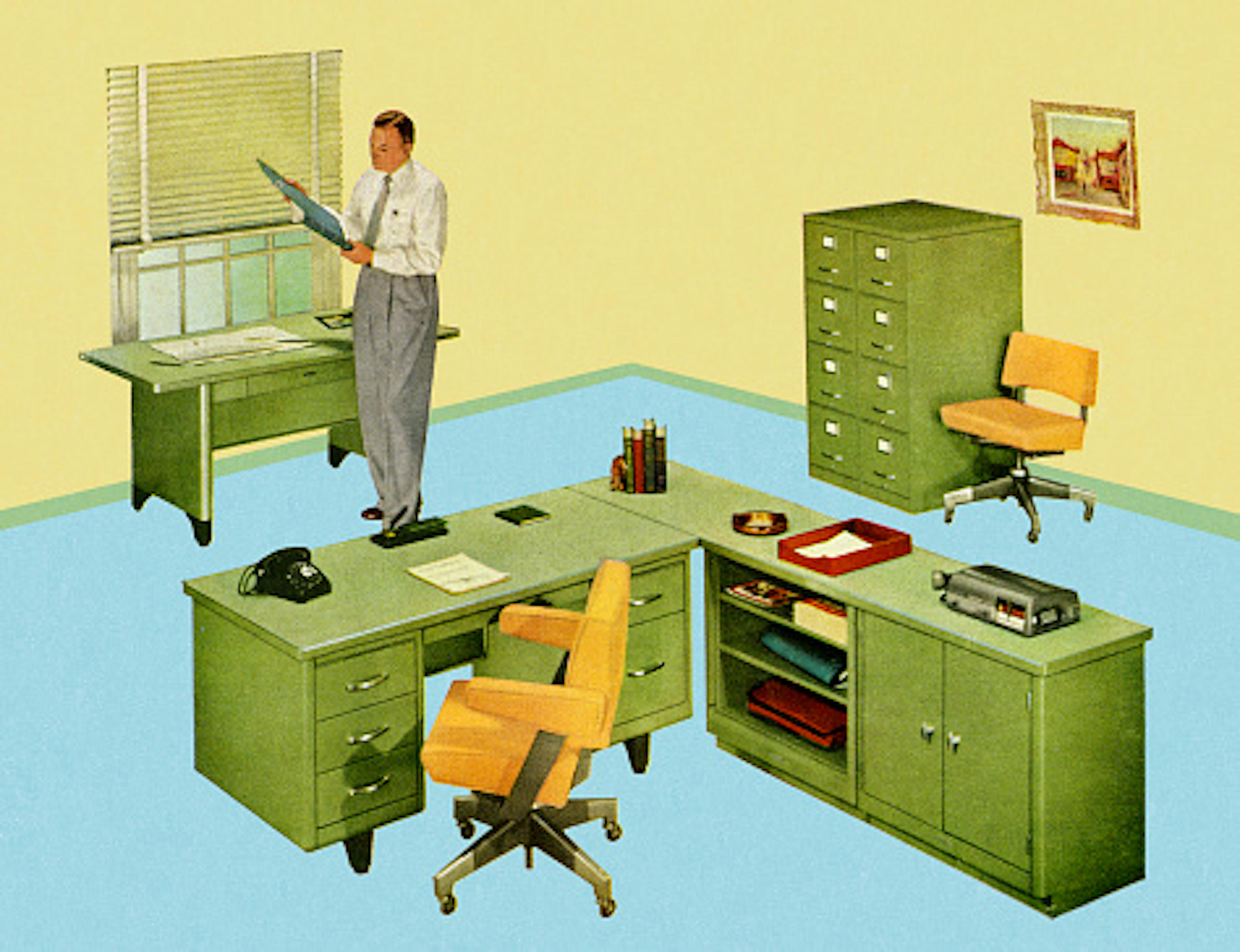 Man Standing in Green and Yellow Office