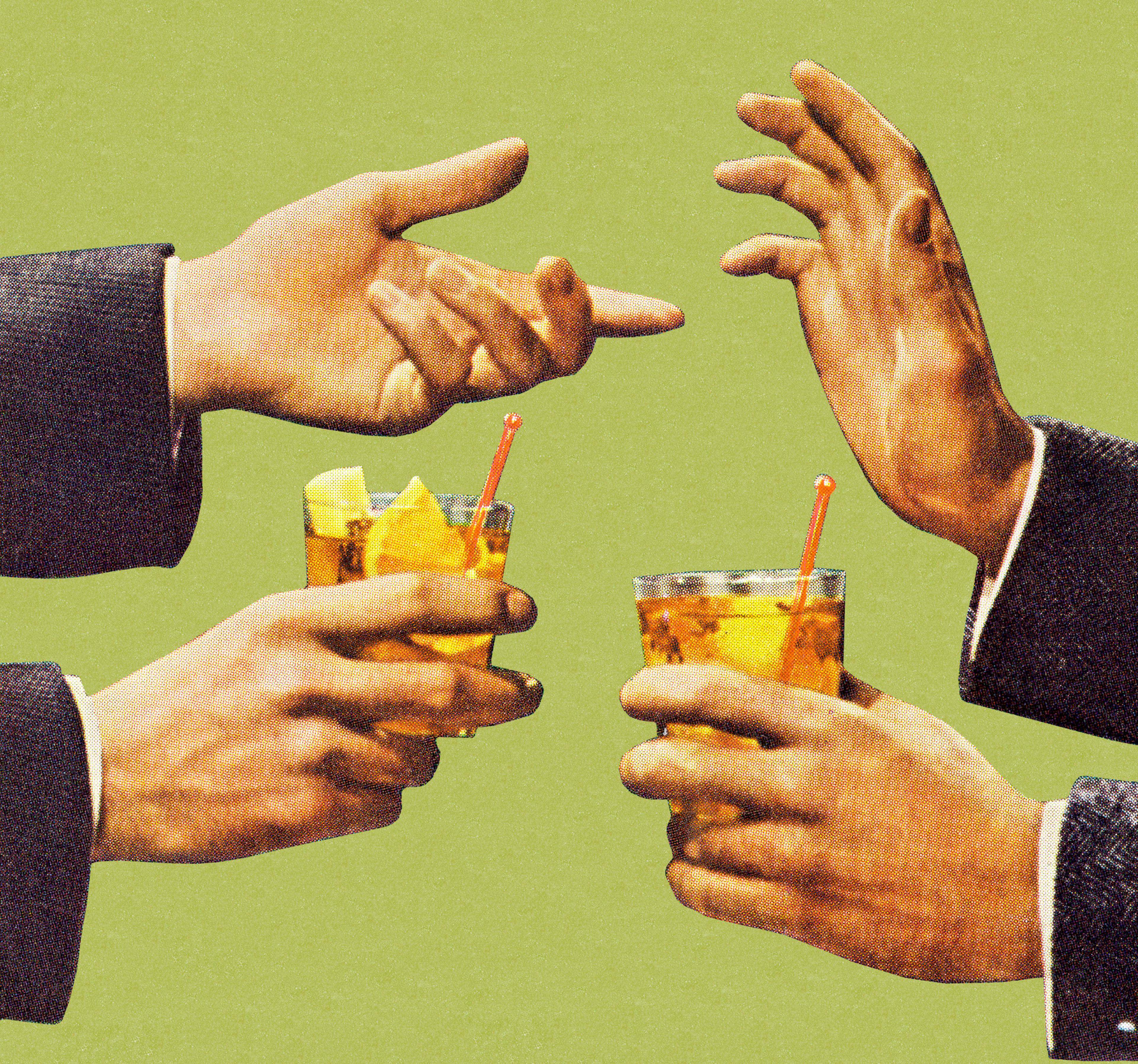 Two Men Talking With Hands and Holding Drink