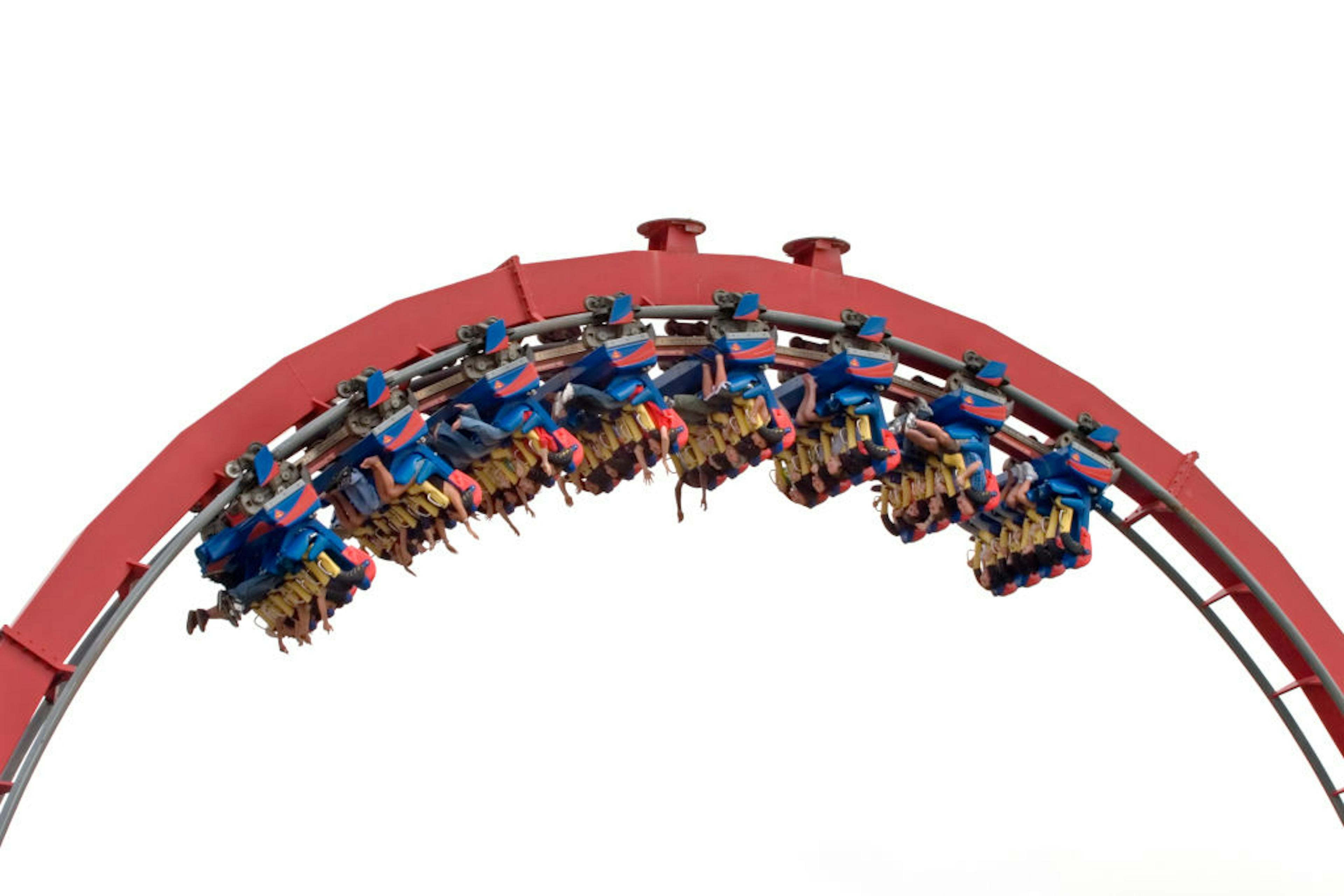 Roller coaster steel car full of riders