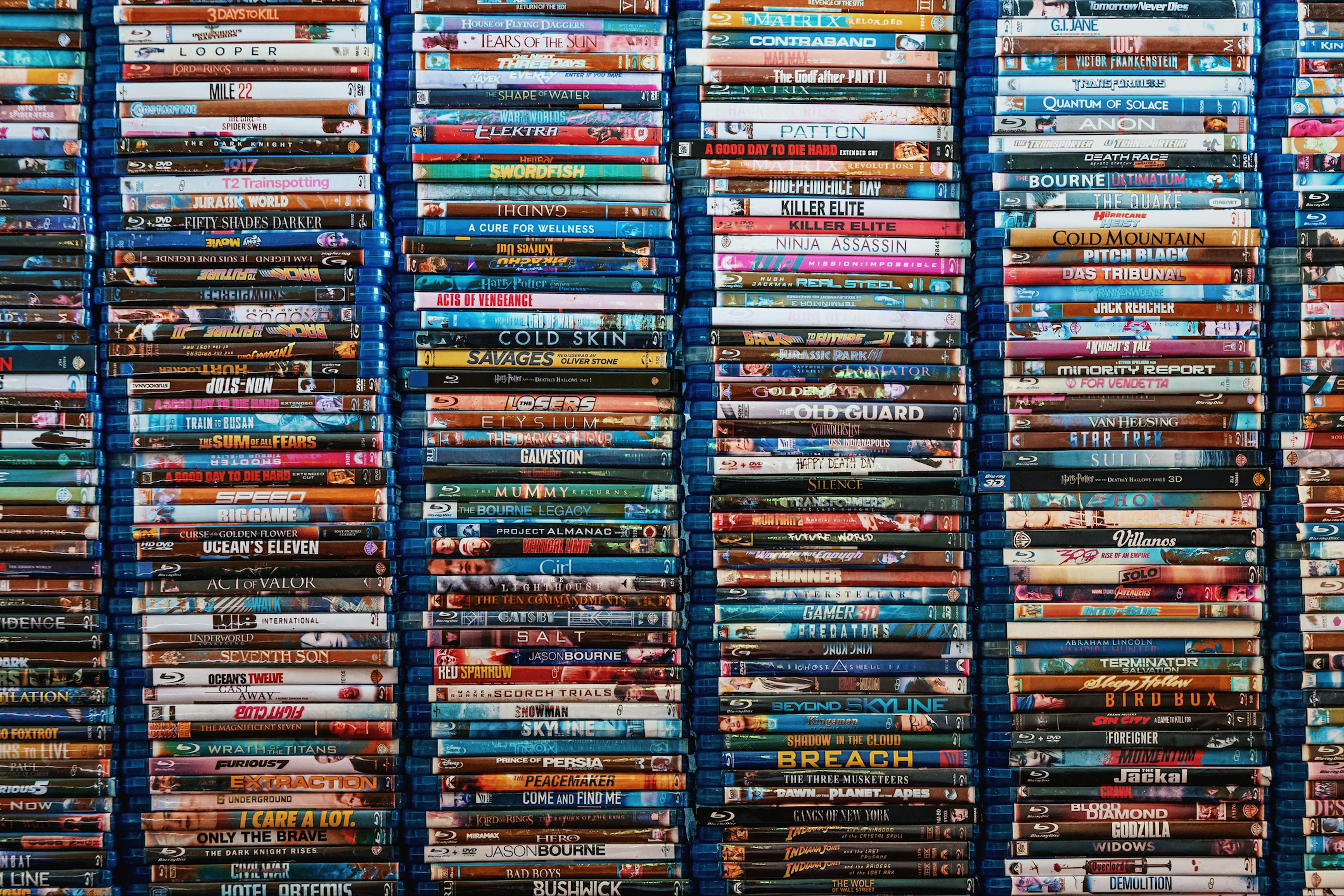 Close-Up of Blu-ray movie discs on shelves