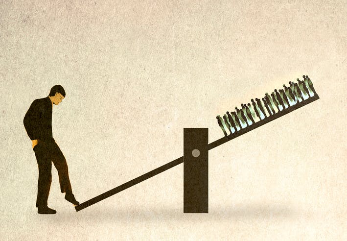Illustration of man balancing crowd of people on seesaw