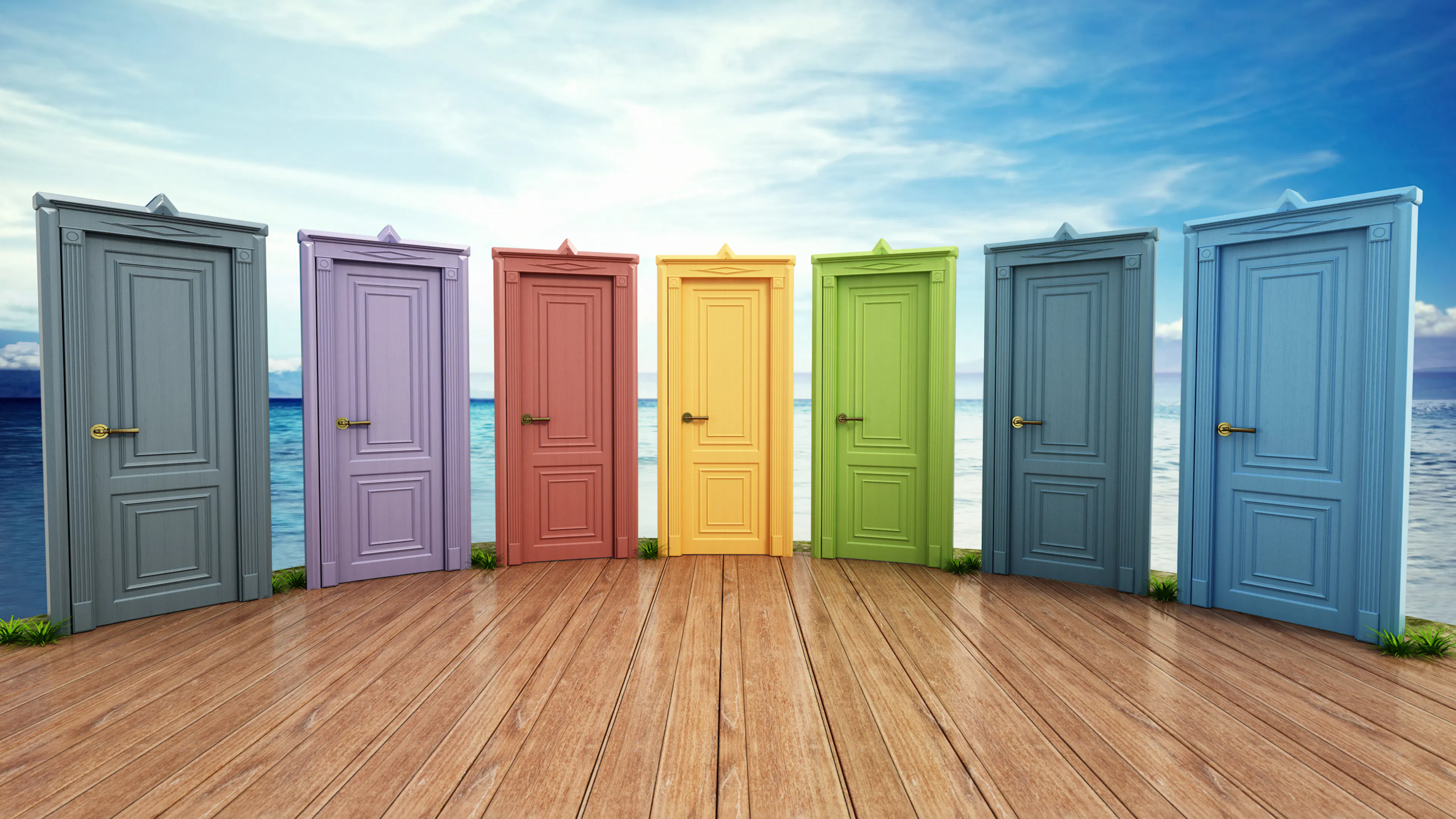 Vibrant colored closed wooden doors in a row on blue sky and sea background. Choice and decisions concept