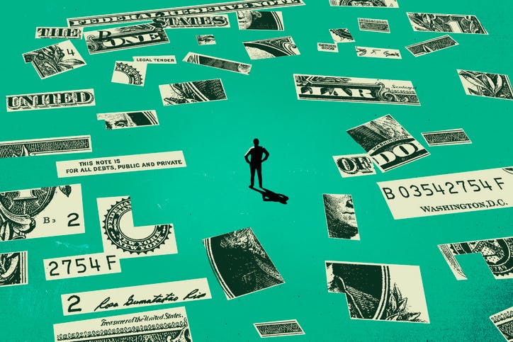 Conceptual illustration with a figure standing amidst a variety of floating U.S. dollar bill fragments on a teal background