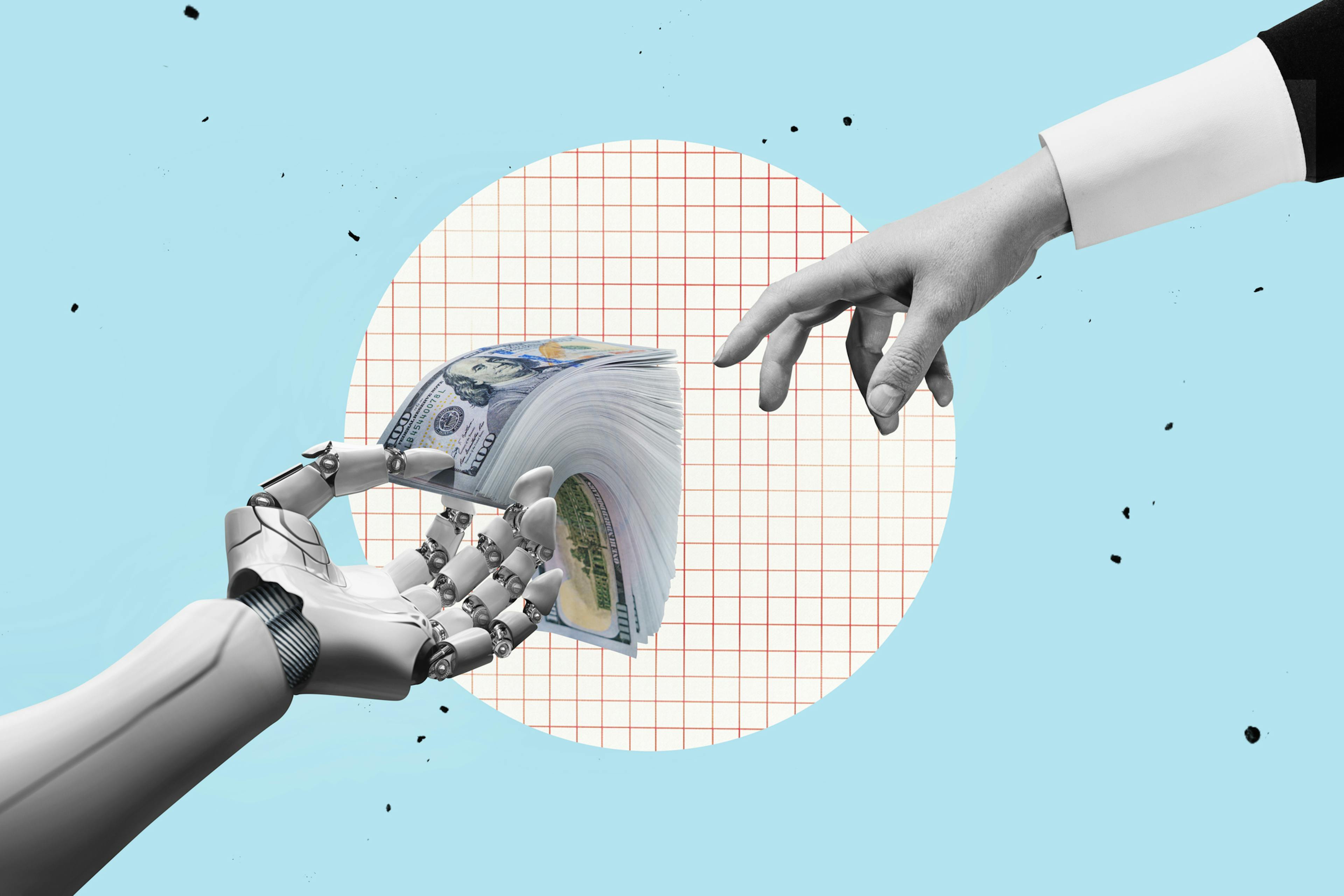 White cyborg robotic hand holding a stack of money with his finger. Earn money successfully with ai concept. Flat design art.