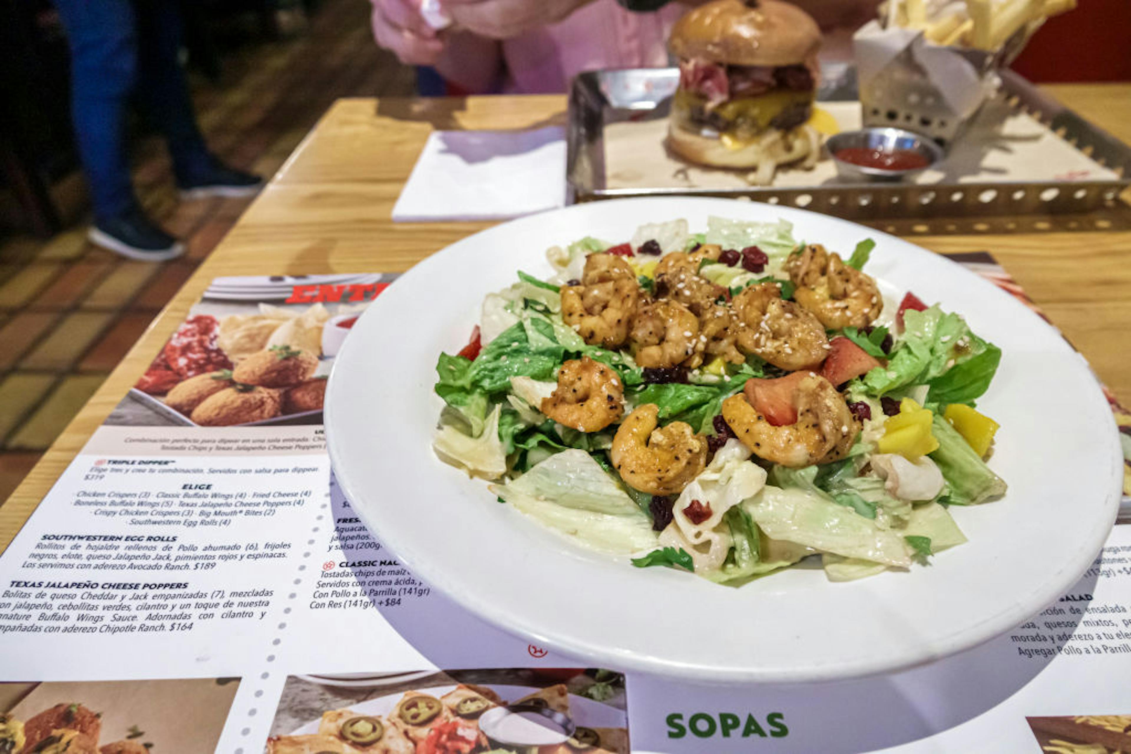 Merida, Mexico, Paseo Montejo Avenida Colon, Chili's restaurant, Shrimp Caesar Salad with menu