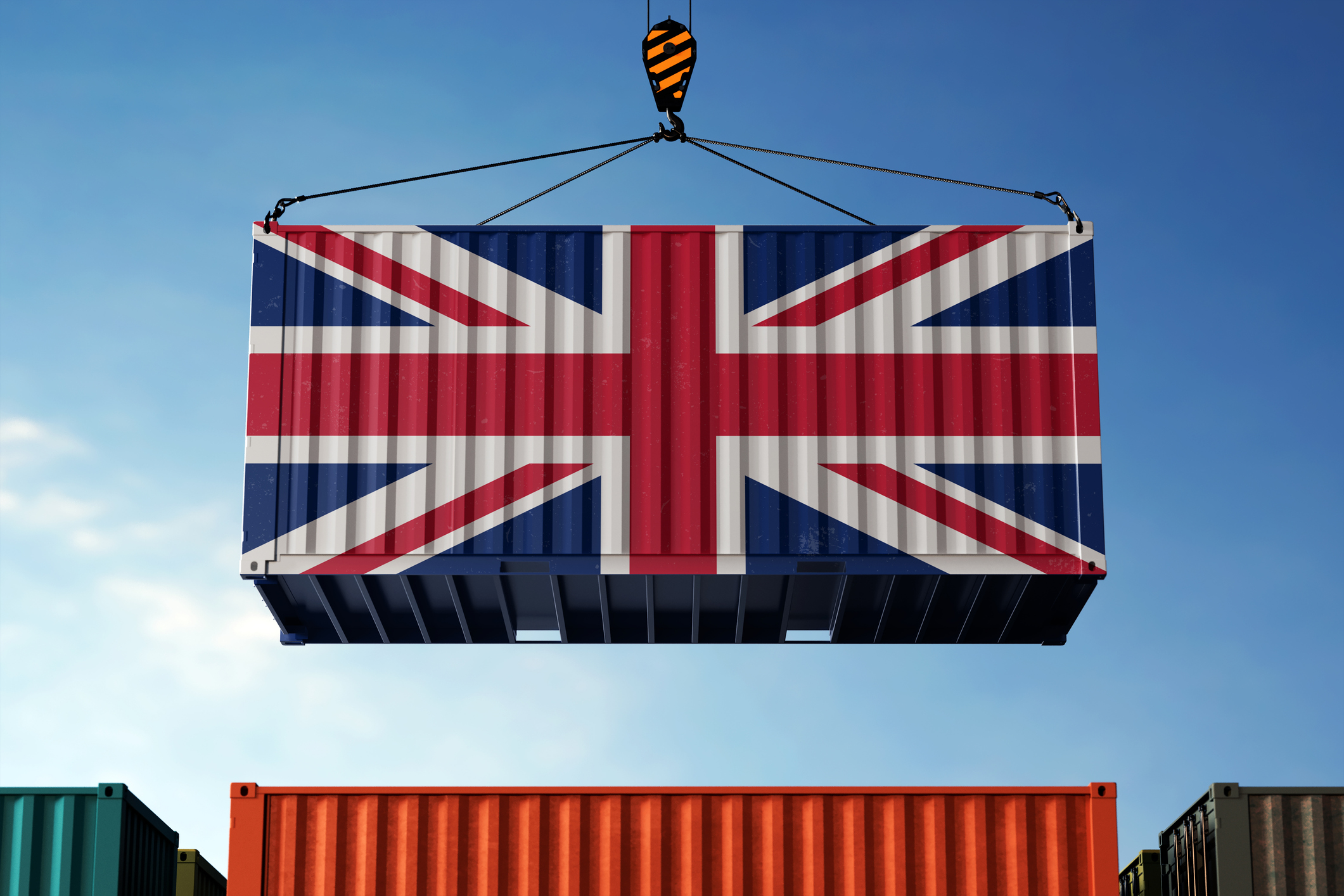 United Kingdom trade cargo container hanging against clouds background