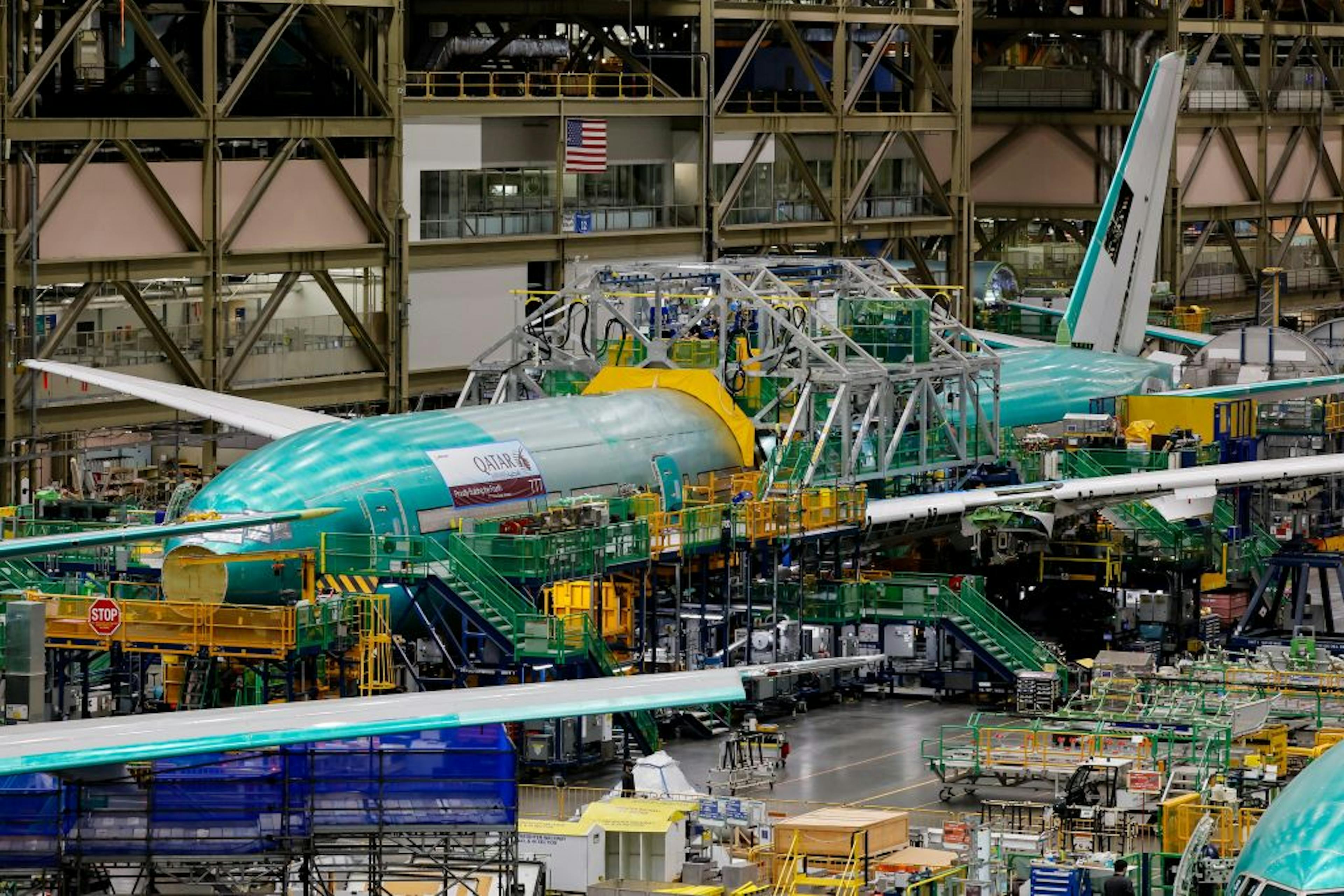 A Boeing plane in production.
