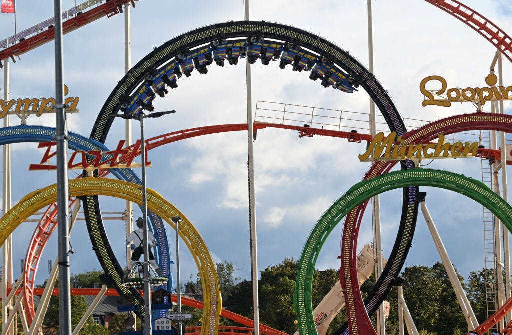 The Olympia Looping car stands on its head in the ride’s largest loop while traveling through the roller coaster.