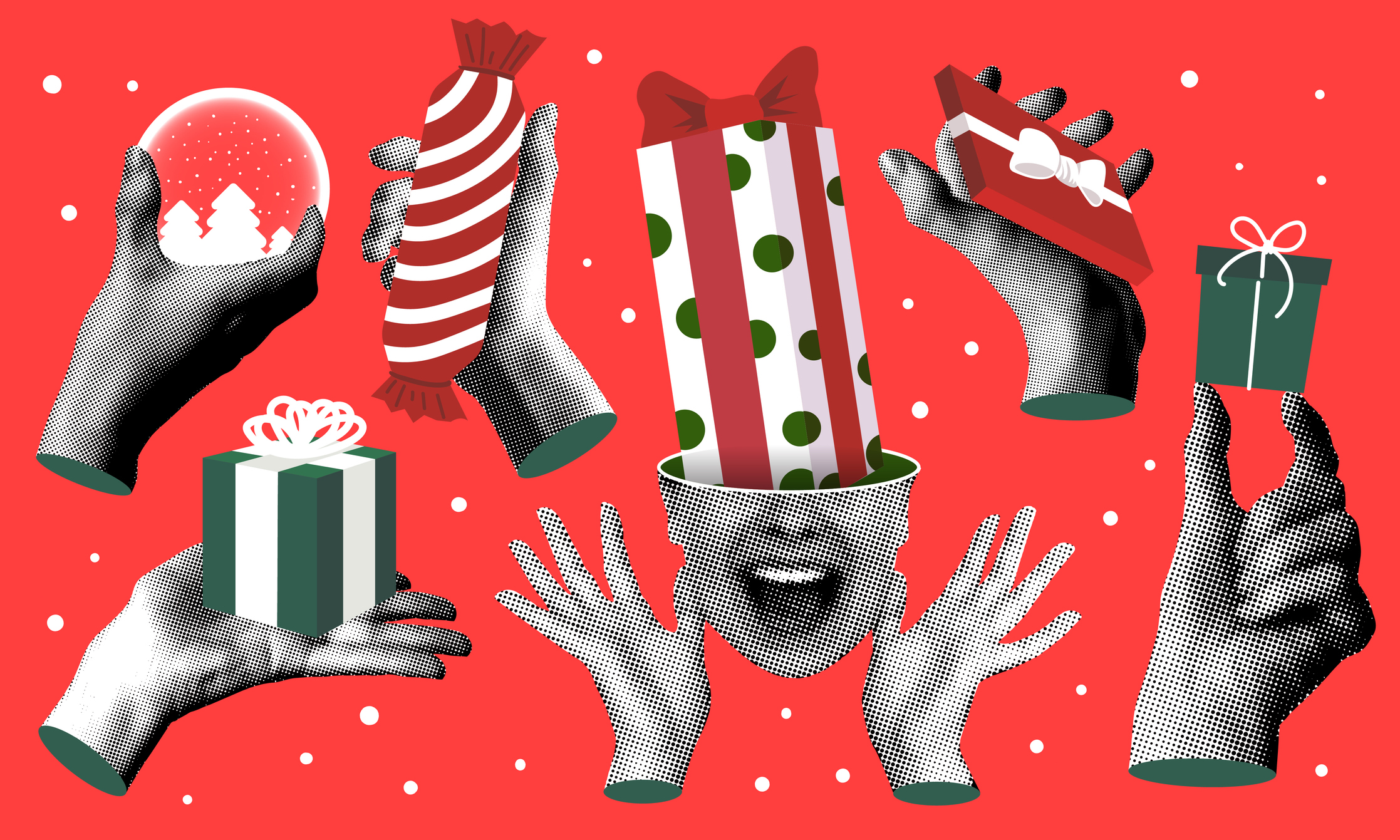Set of halftone hands holding gift boxes