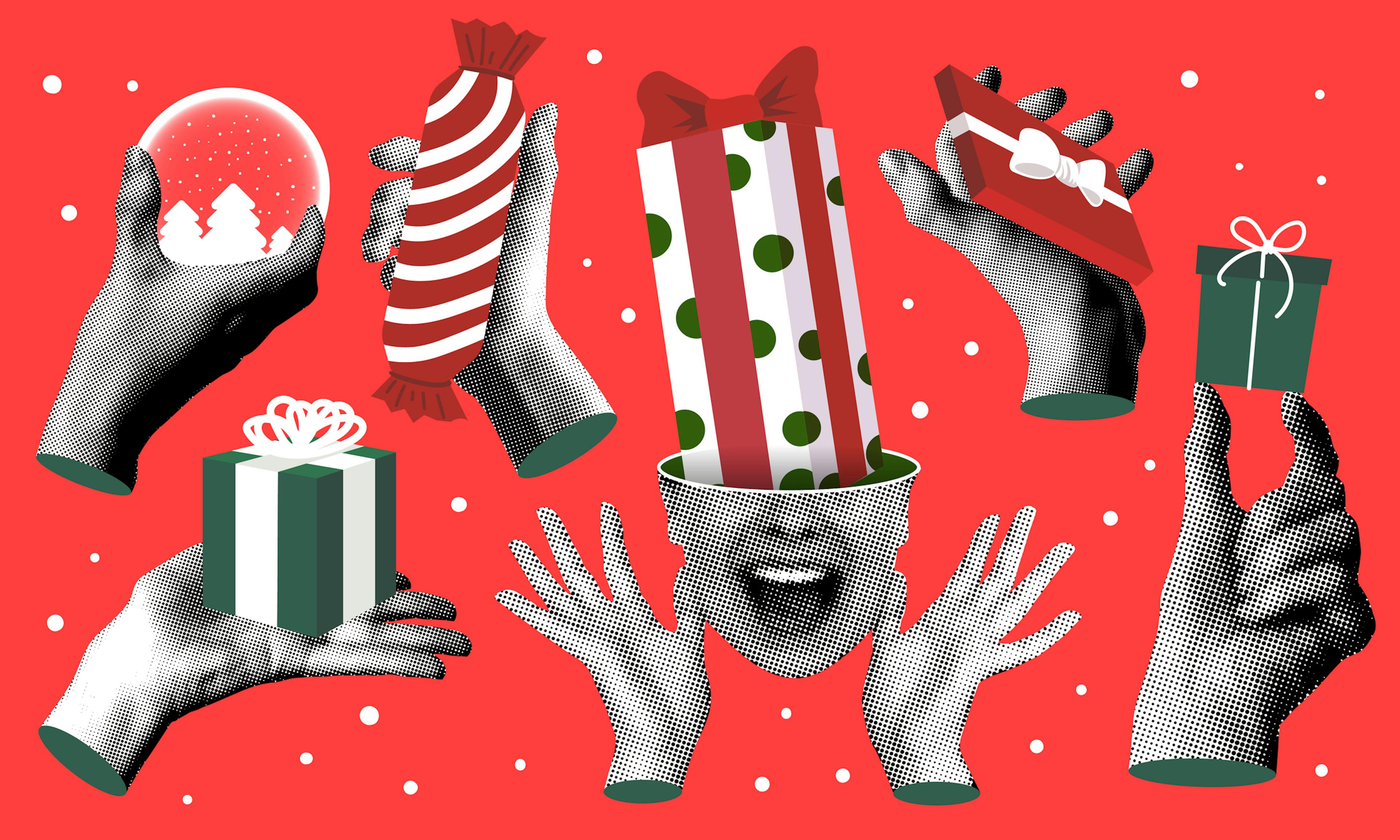 Set of halftone hands holding gift boxes