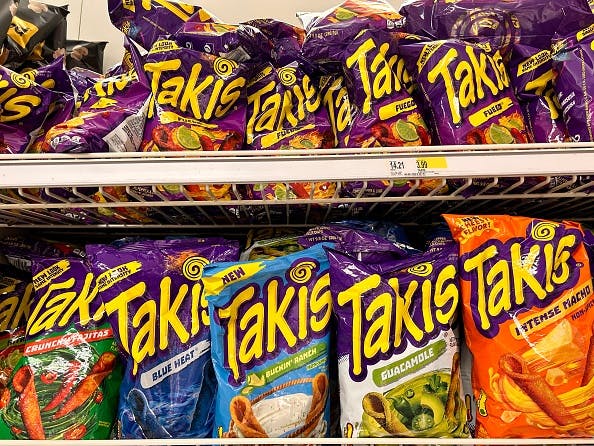 Retail display of Takis snack food in various spicy flavors in Target store, Queens, New York