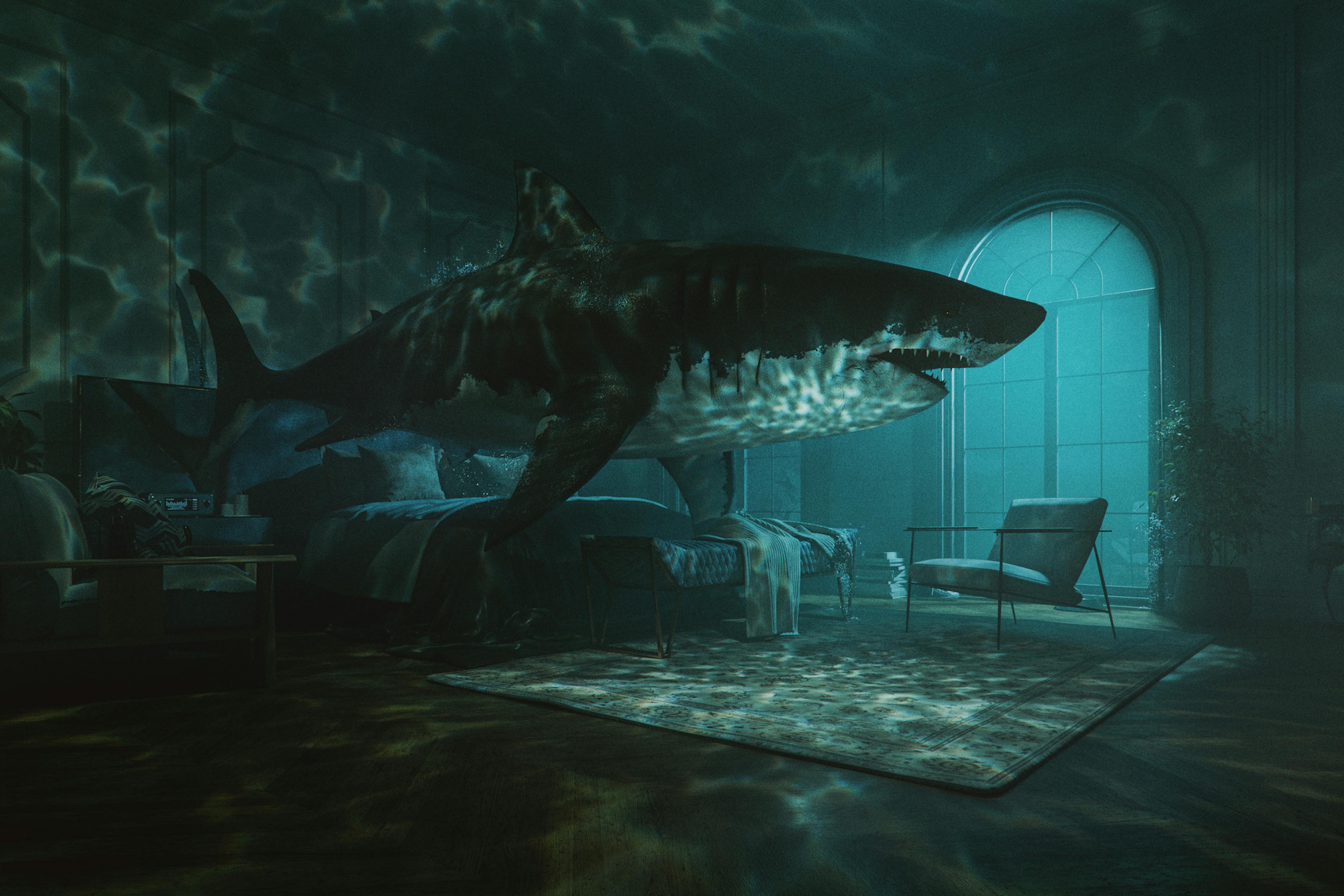 Surreal image of great white shark swimming in bedroom