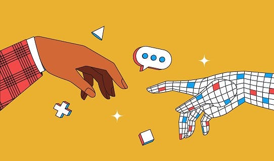 Human hand and AI hand on the yellow background