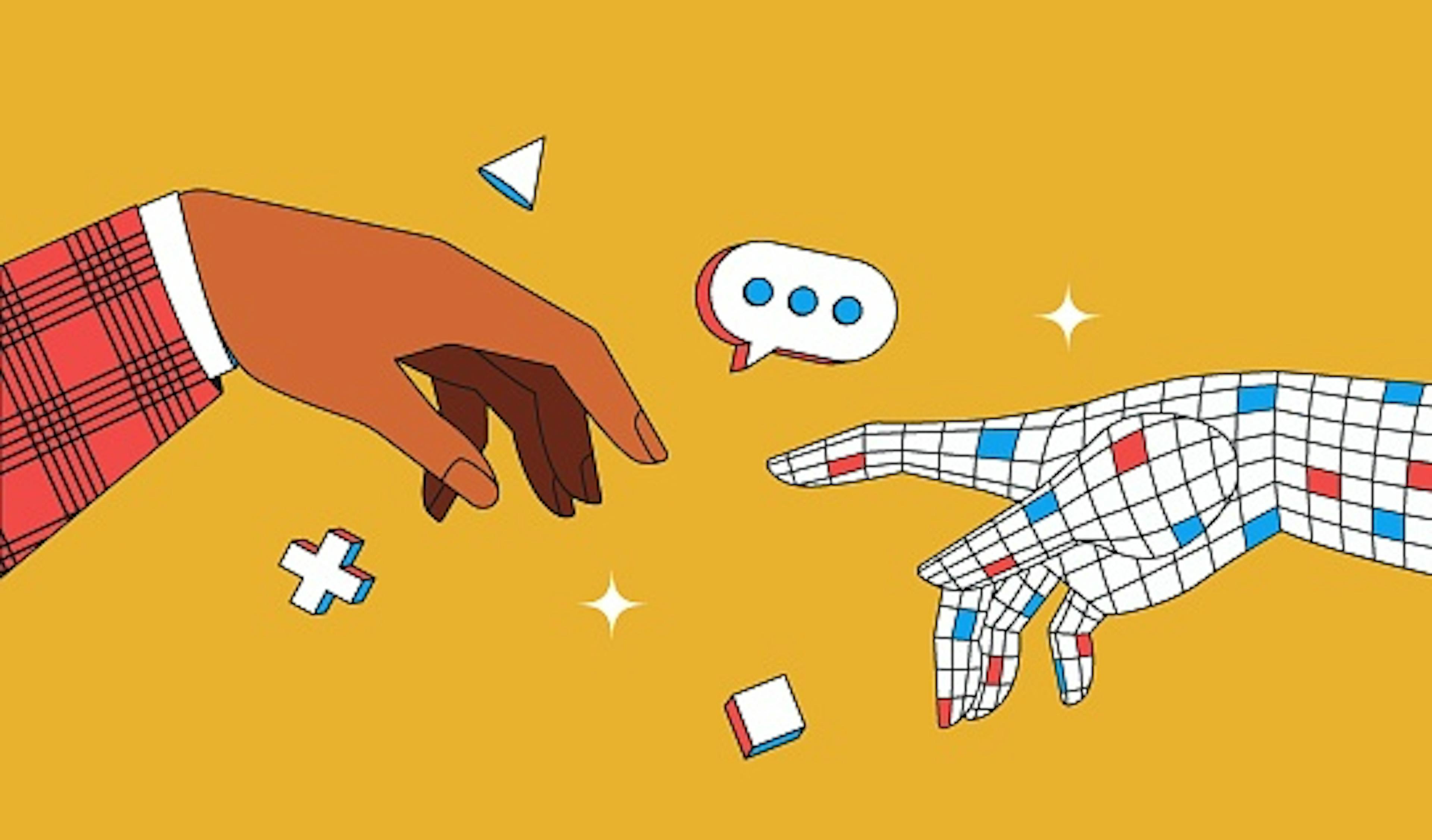 Human hand and AI hand on the yellow background