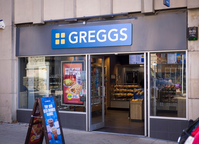 Greggs bakery shop storefront, Harrogate, UK