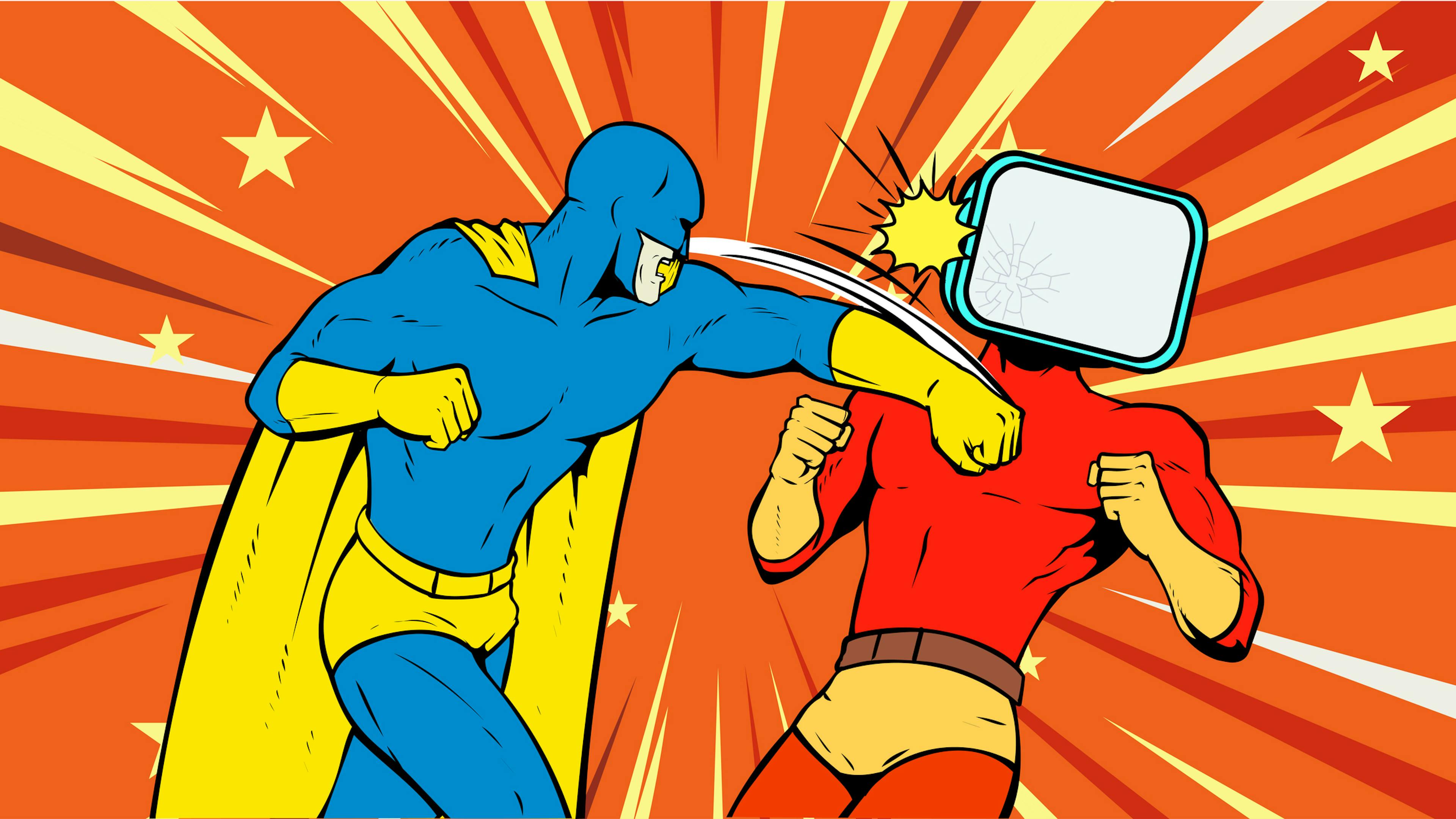 Vector Retro Pop Art Superhero Punching a Monitor Head Enemy Meme Stock Illustration
