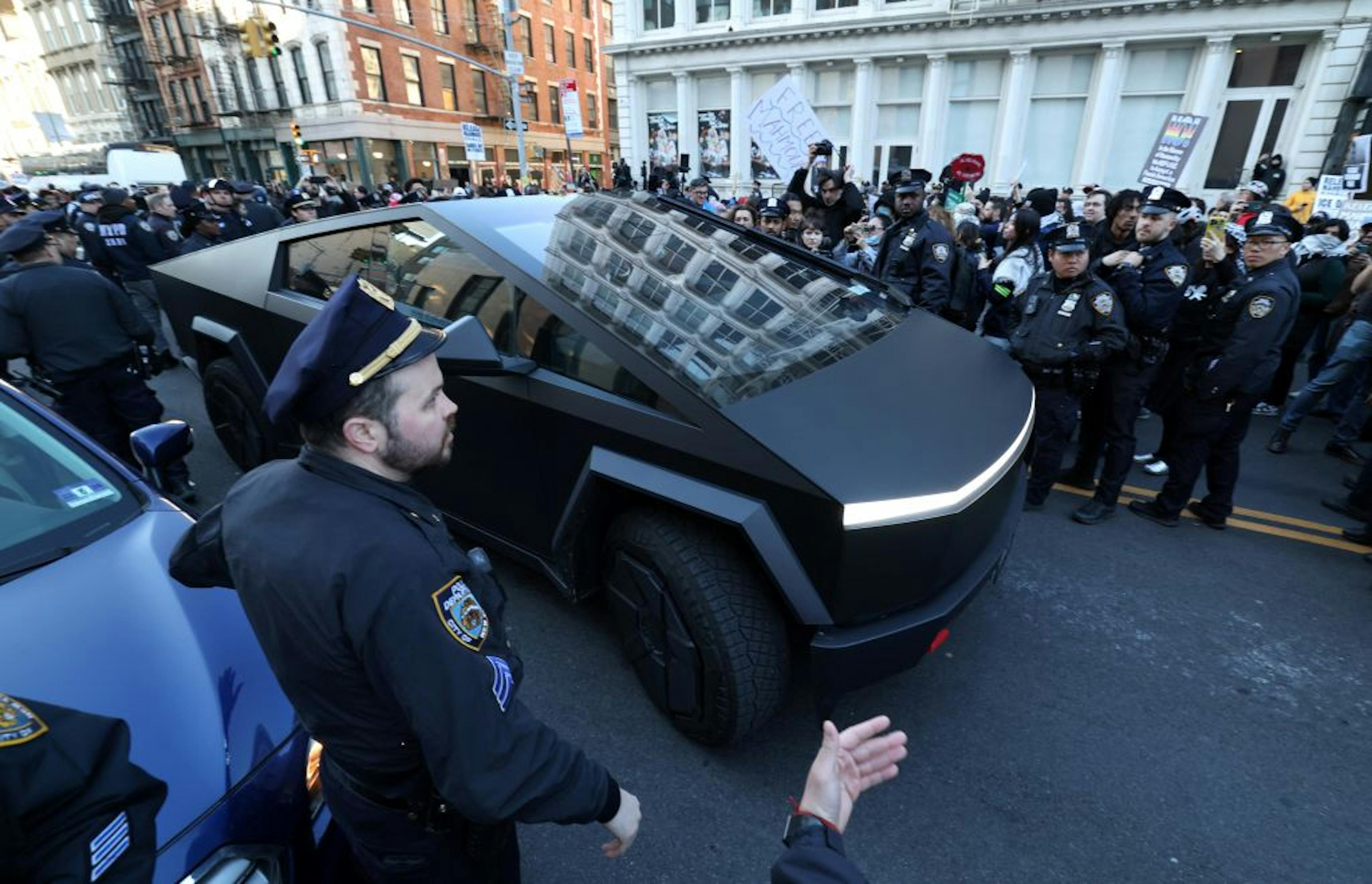 Tesla Cybertruck at a protest