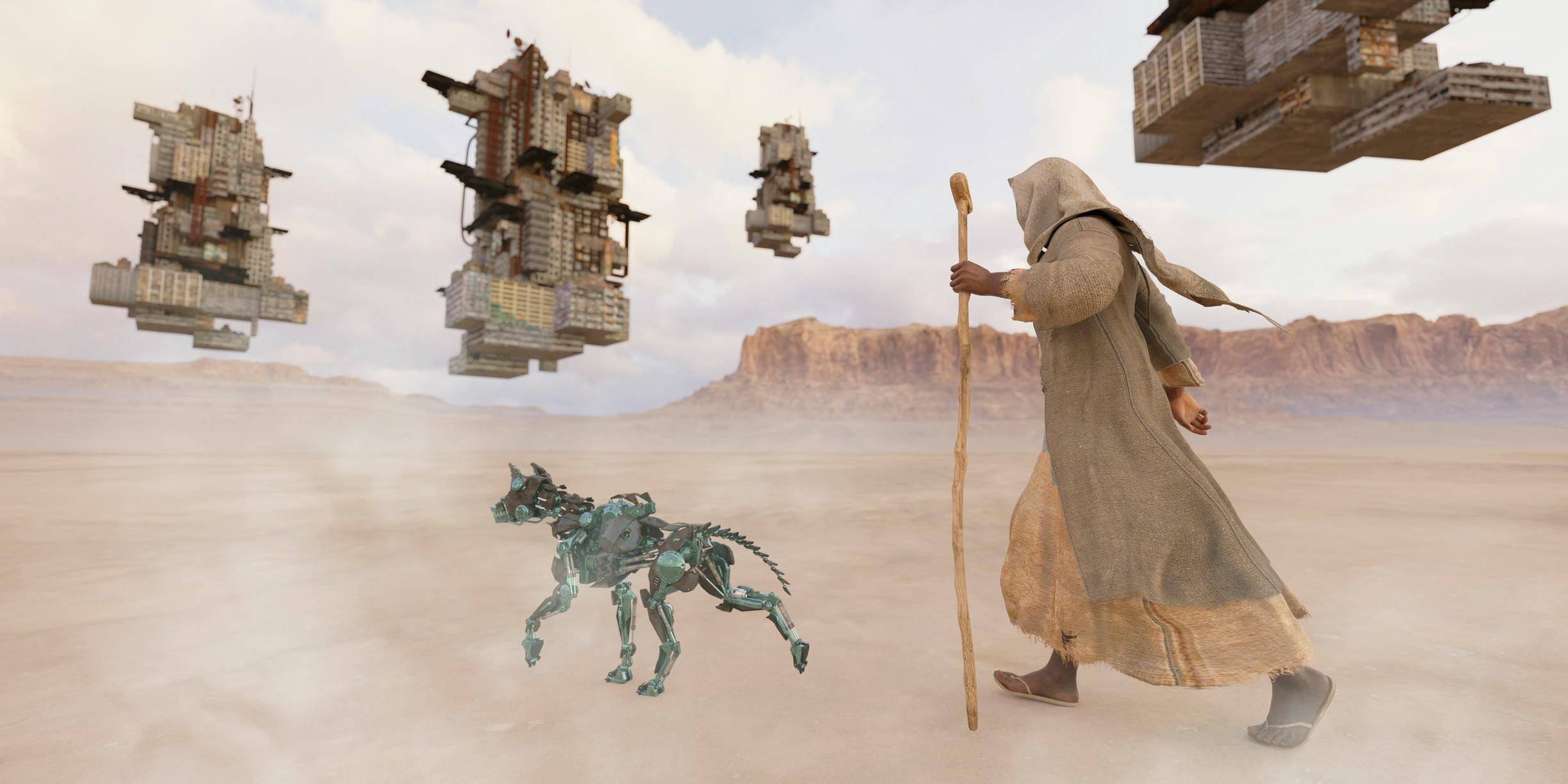 Man in desert with robodog and floating tower blocks
