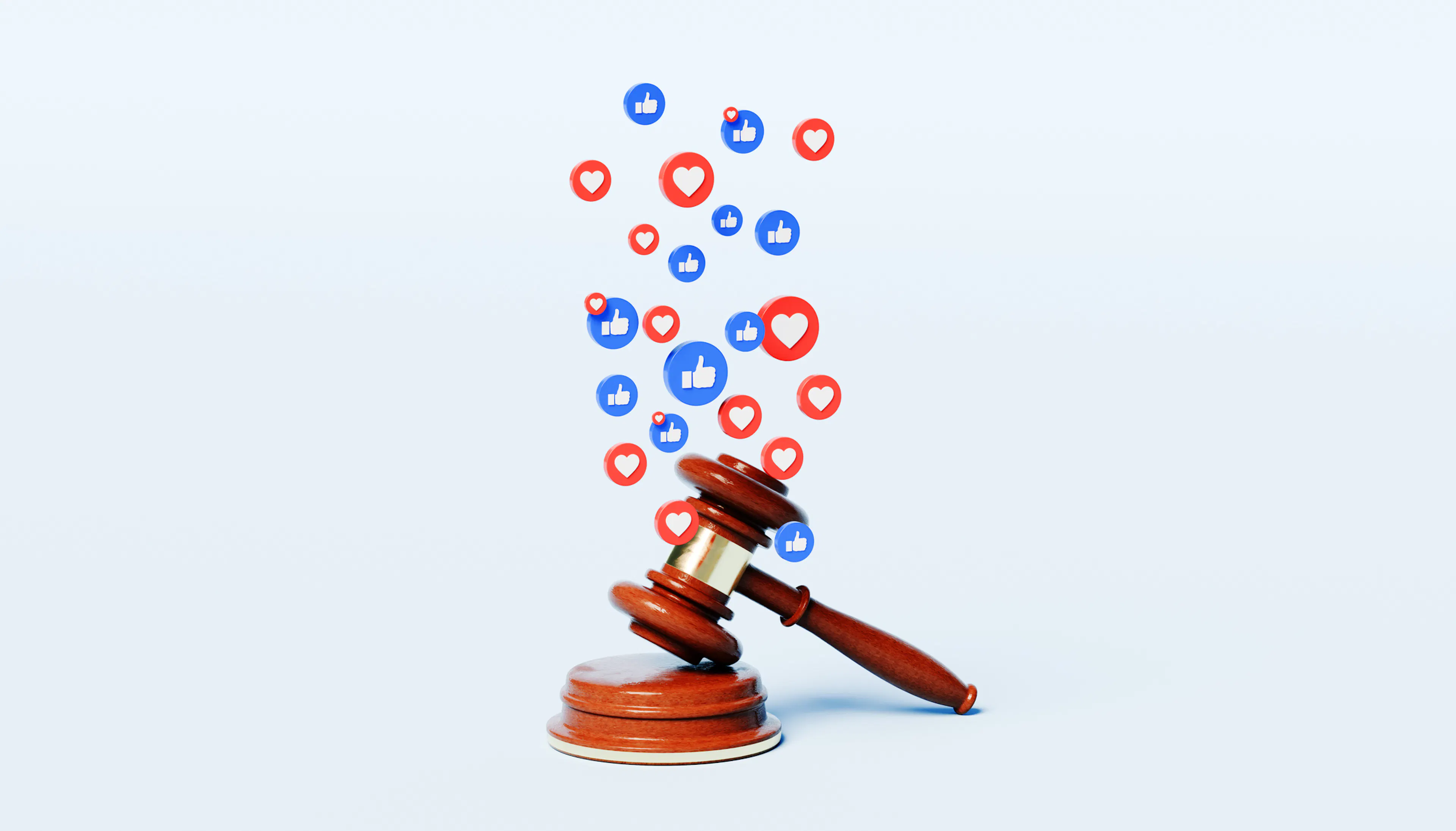 Justice Gavel with Floating Social Media Like Icons and Hearts – Digital Justice and Online Engagement