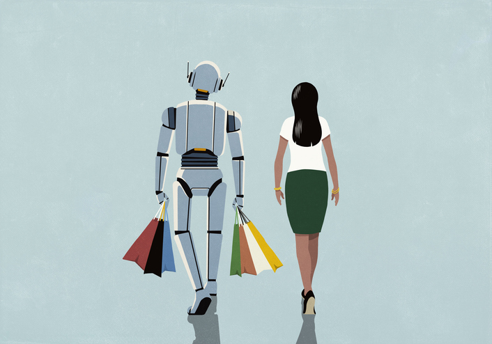 Woman walking next to humanoid robot carrying shopping bags