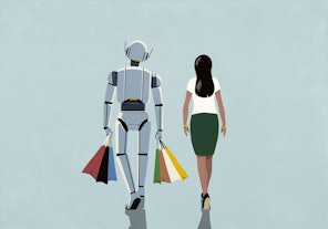 Woman walking next to humanoid robot carrying shopping bags