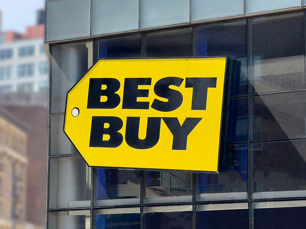Best Buy retail store, company logo on building exterior, Manhattan, New York City, New York, USA