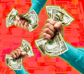 Money grab - Multiple hands clutching dollar bills