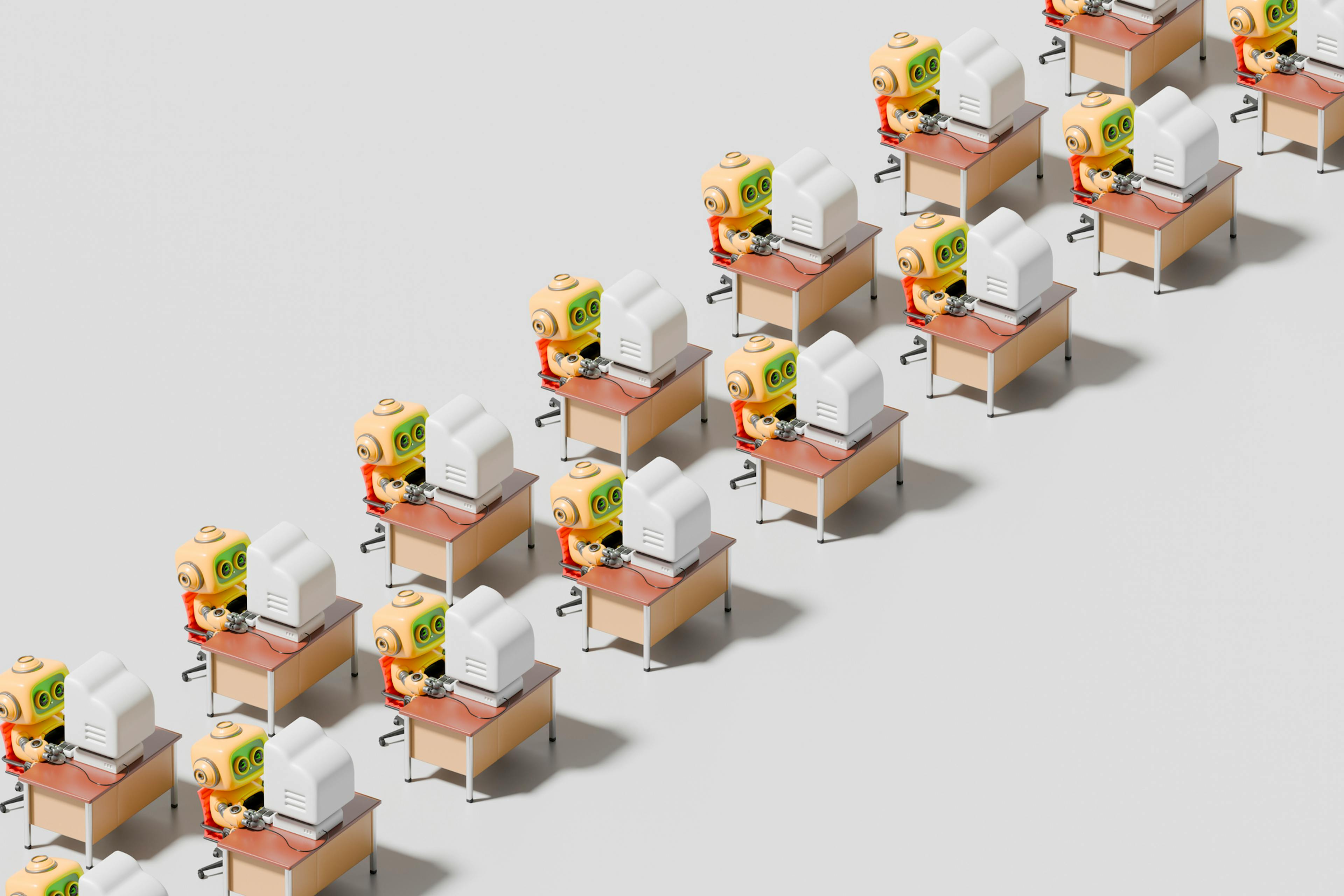 3d robots working at desks with computers in a repetitive office pattern