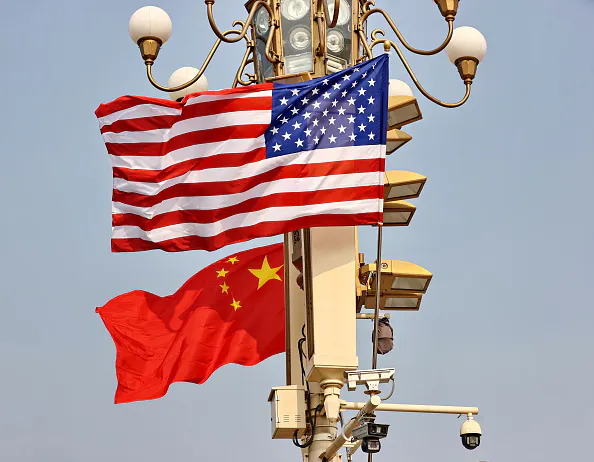 Chinese and US flags hanging from lamp posts on Tiananmen Square
