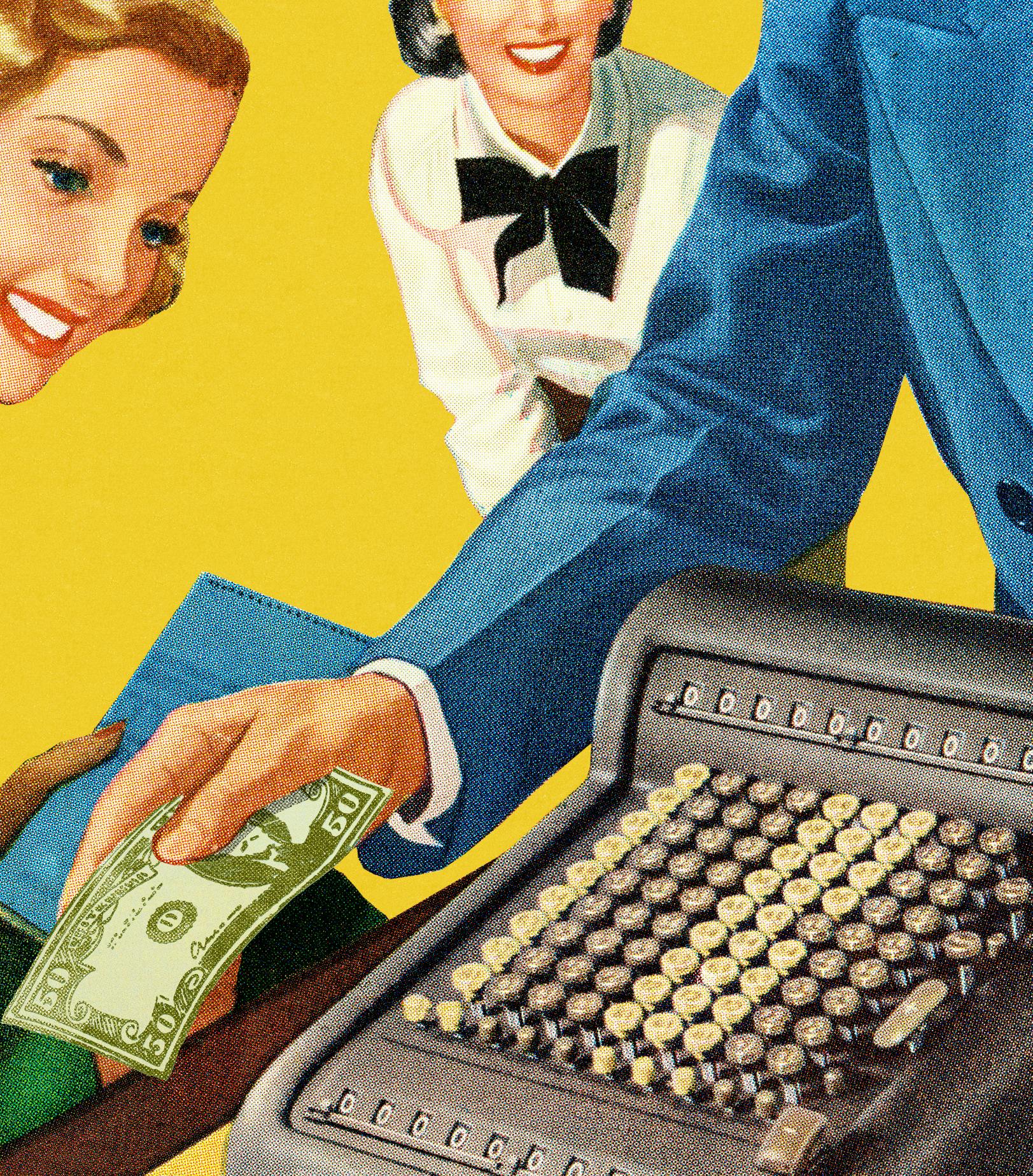 People look at a man handing money over