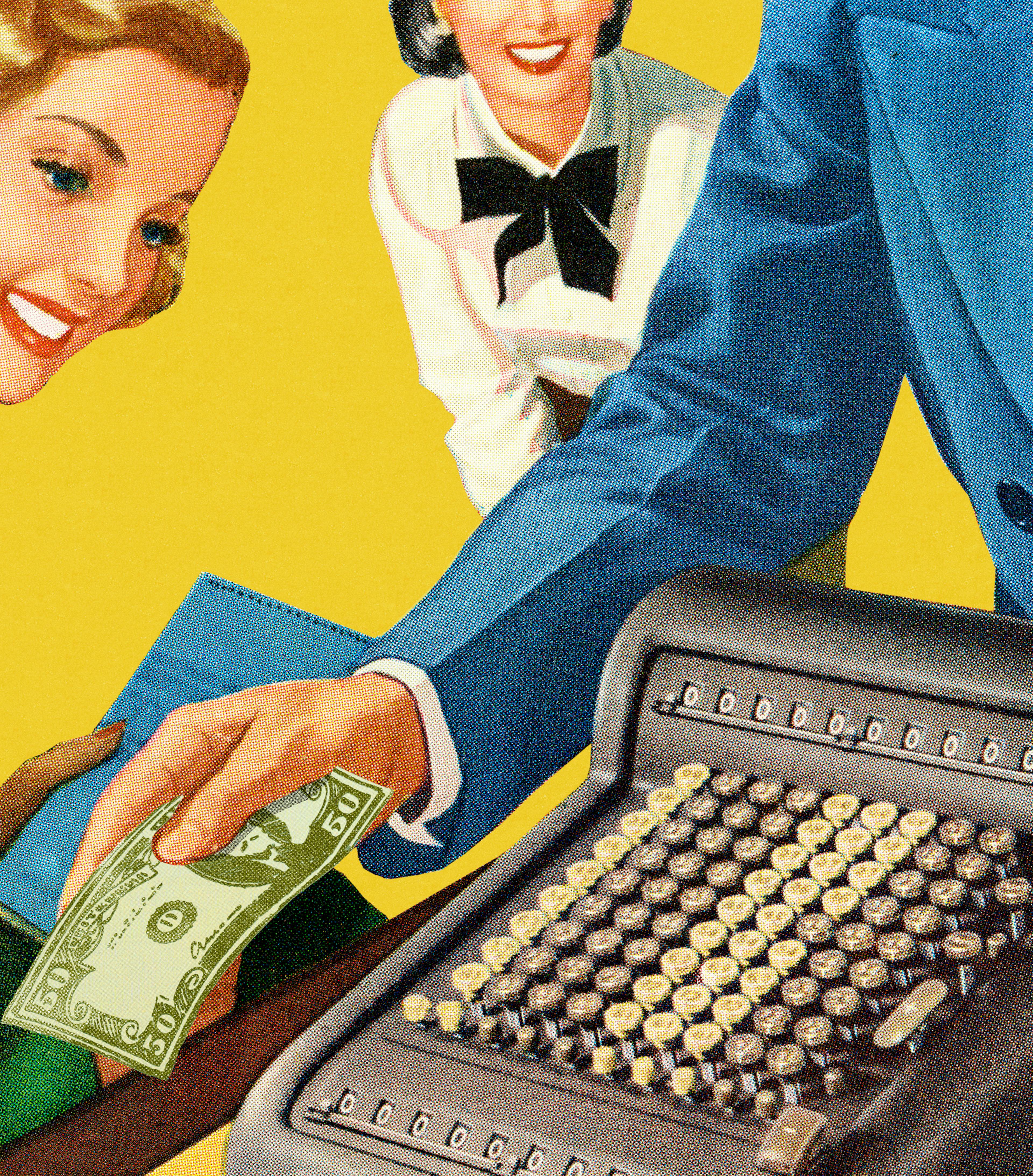 People look at a man handing money over