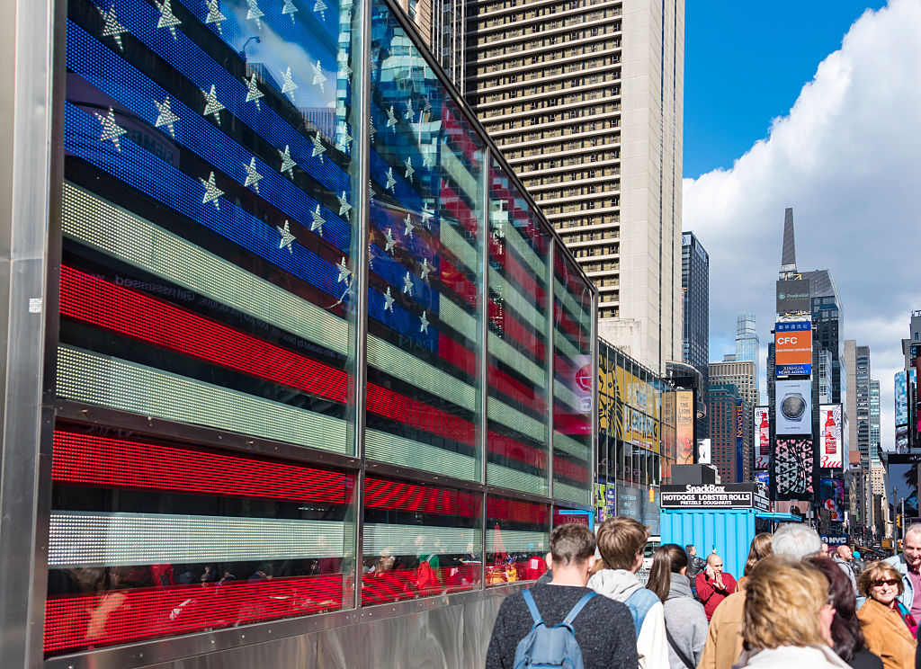 Times Square, New York City: US flag designed on the United...