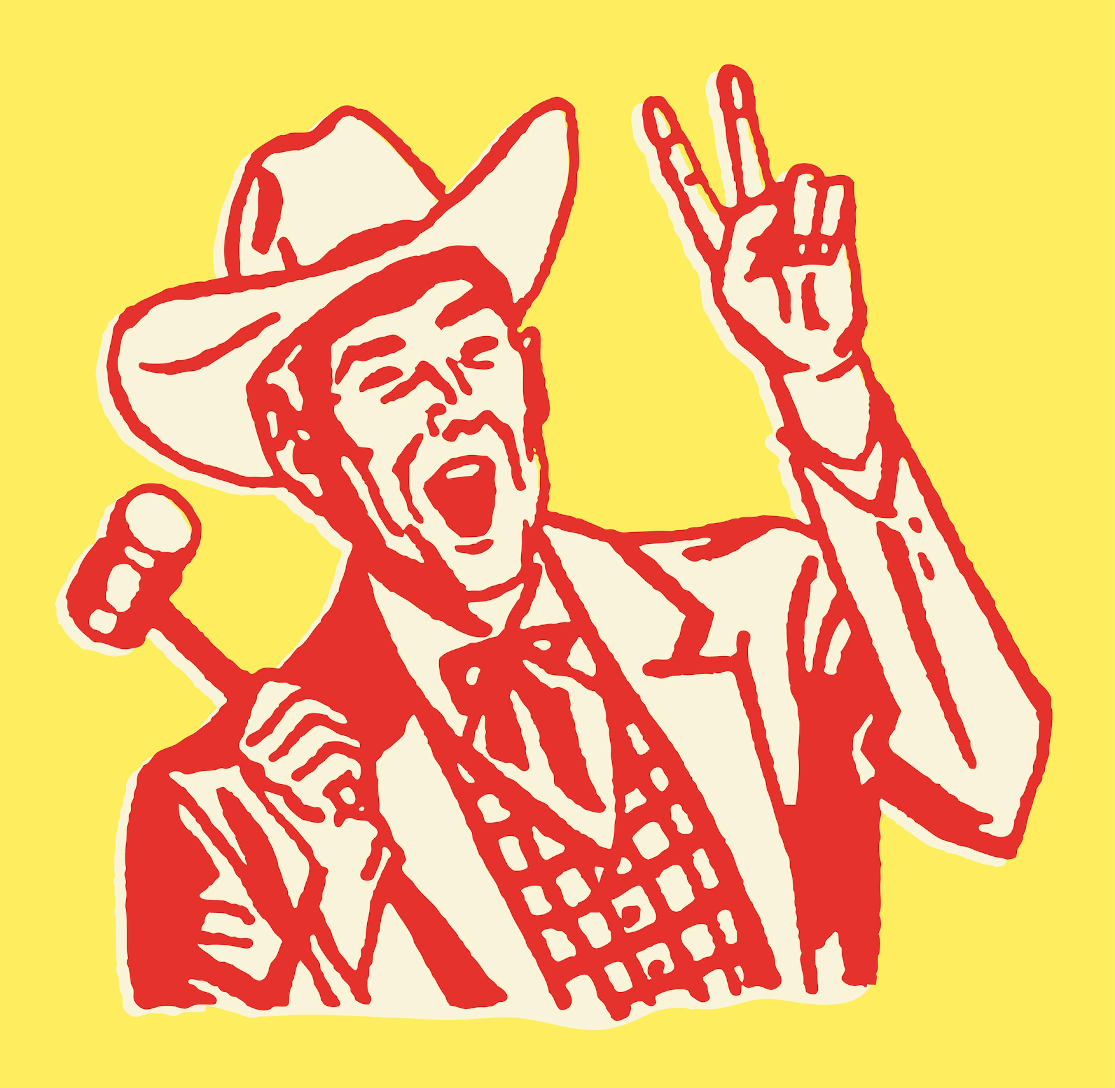 Western Auctioneer with Two Fingers up and Gavel in Hand