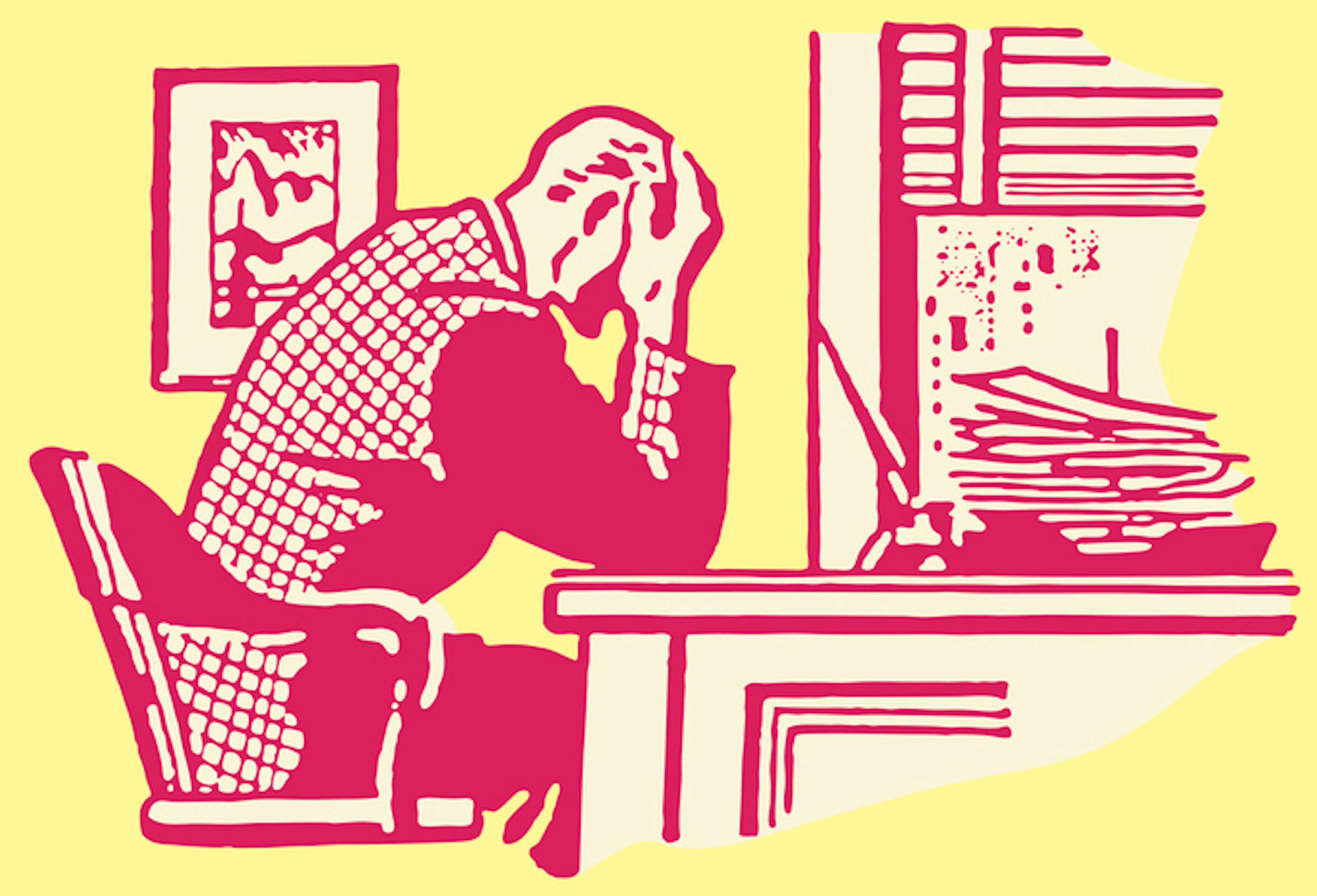 Man at Desk with Head in Hands