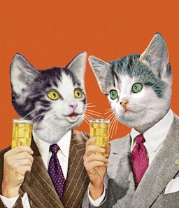 Two Cat Businessmen Holding Drinks
