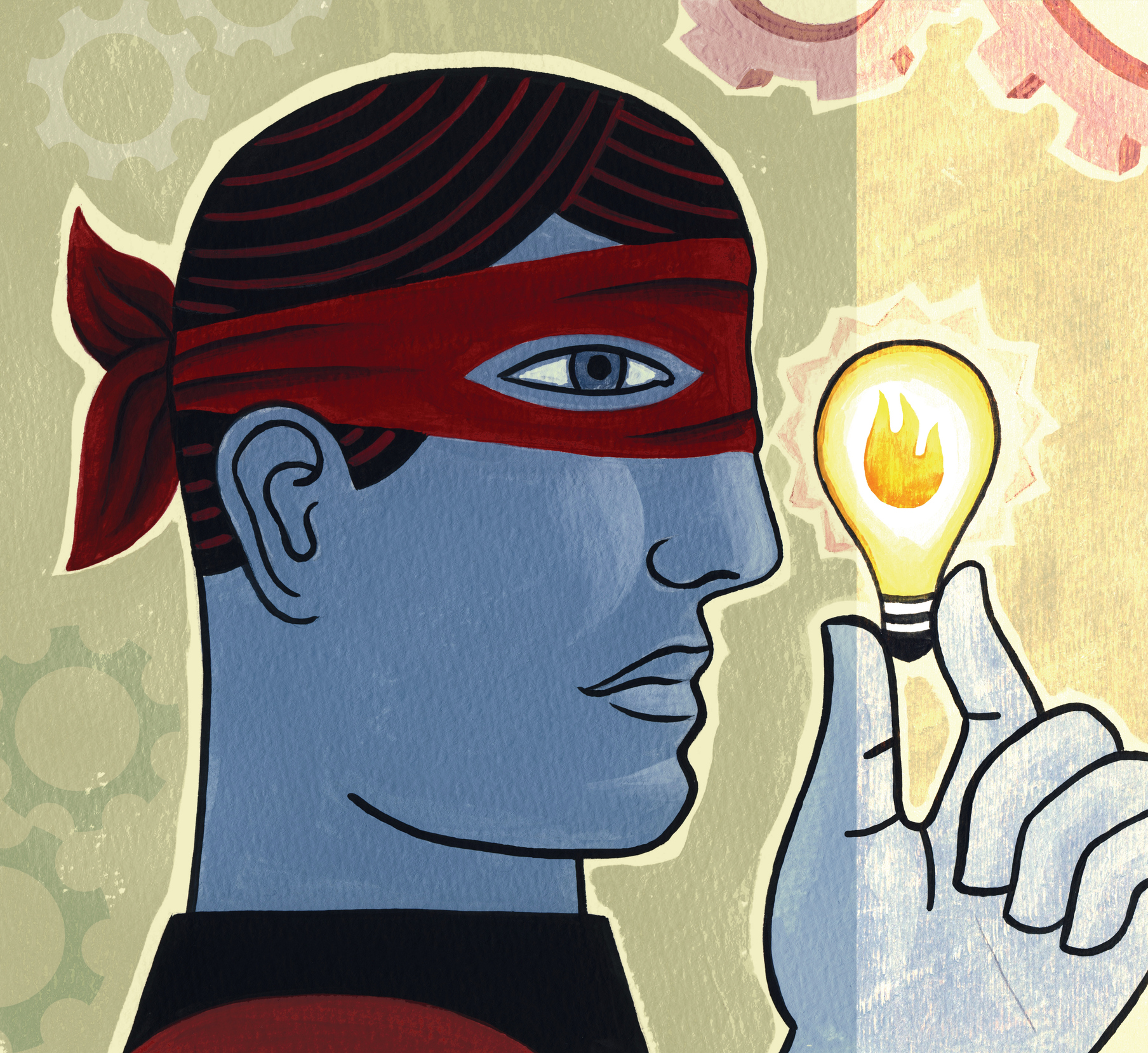 A masked man holding a light bulb