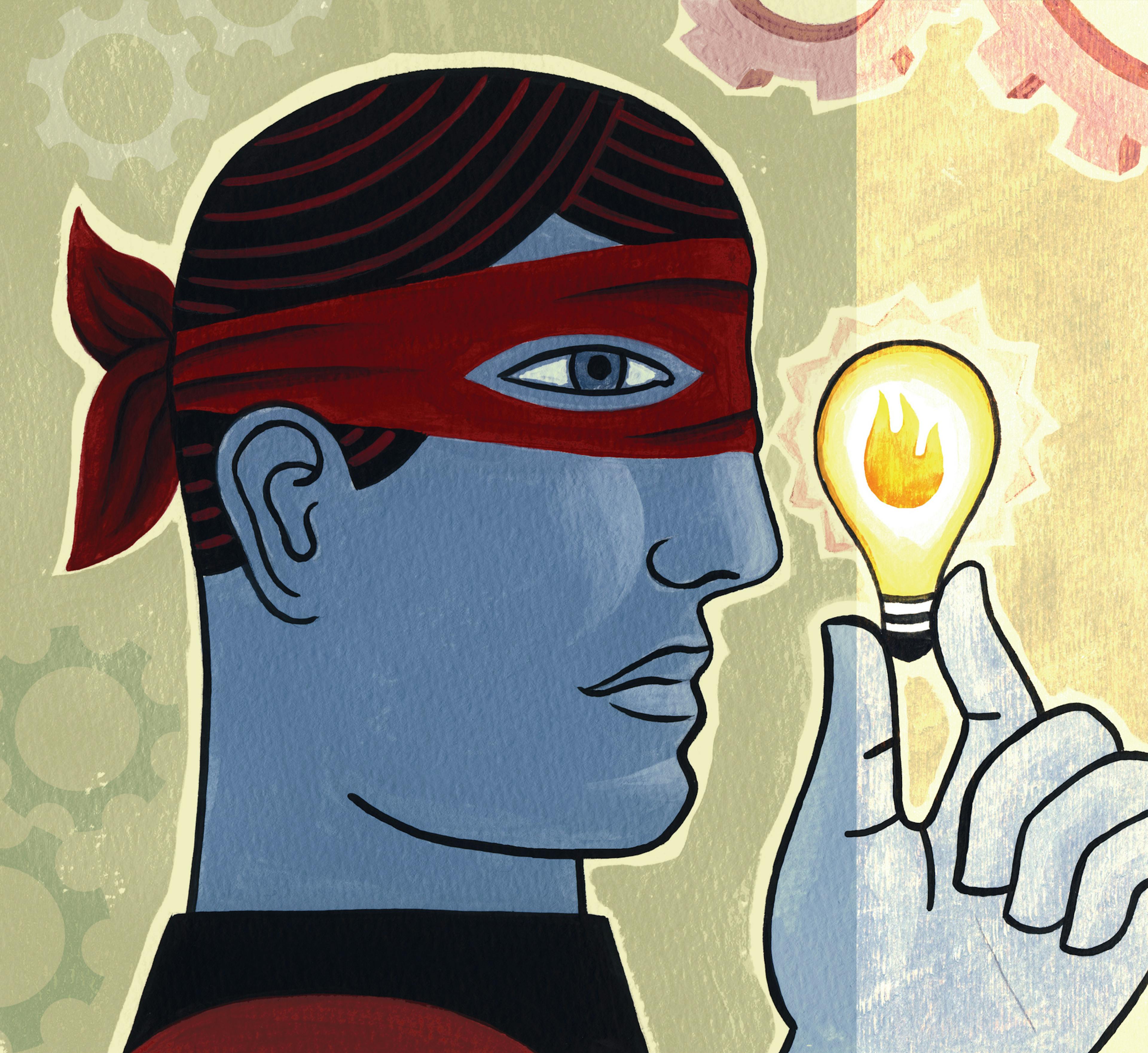 A masked man holding a light bulb