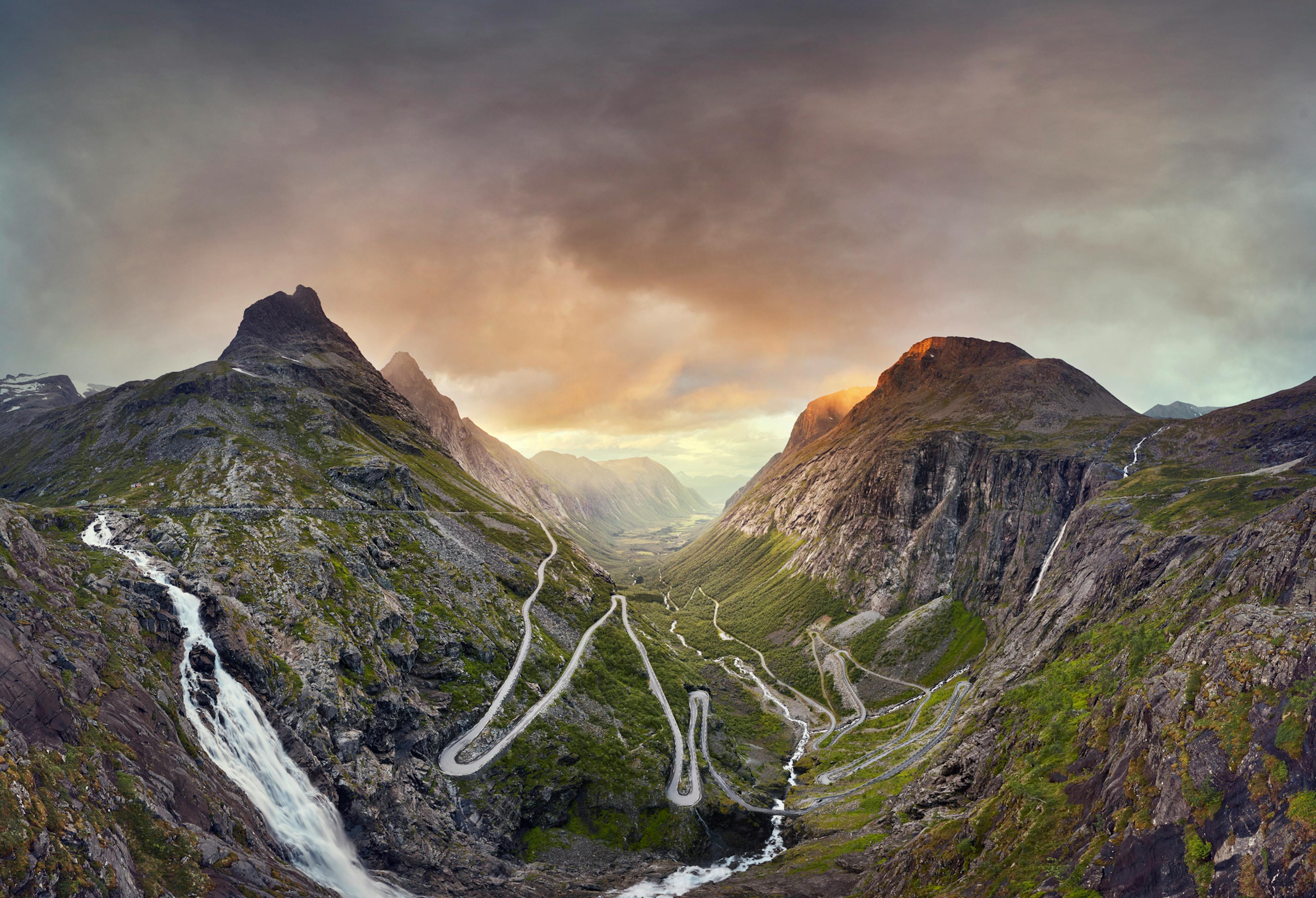 Trollstigen, Norway, Sunset over the Trollstigen valley road