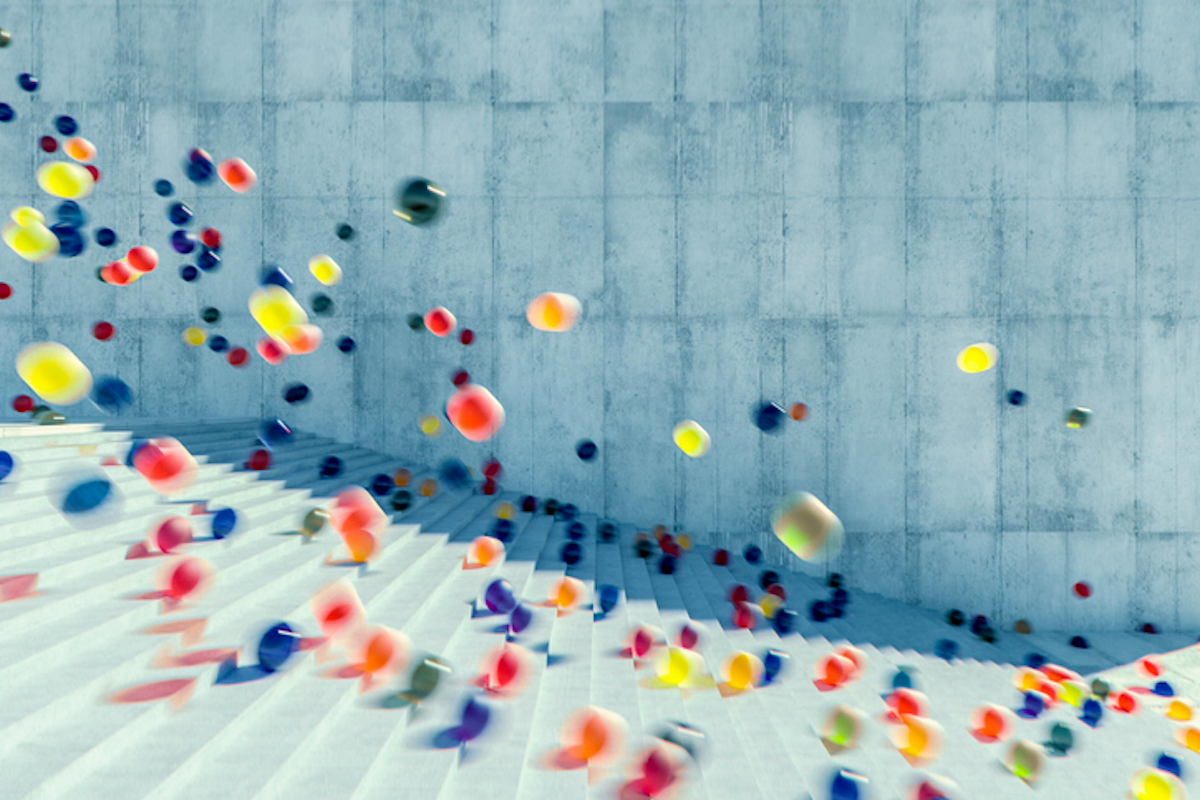 Large group of glowing spheres falling down the urban concrete stairs