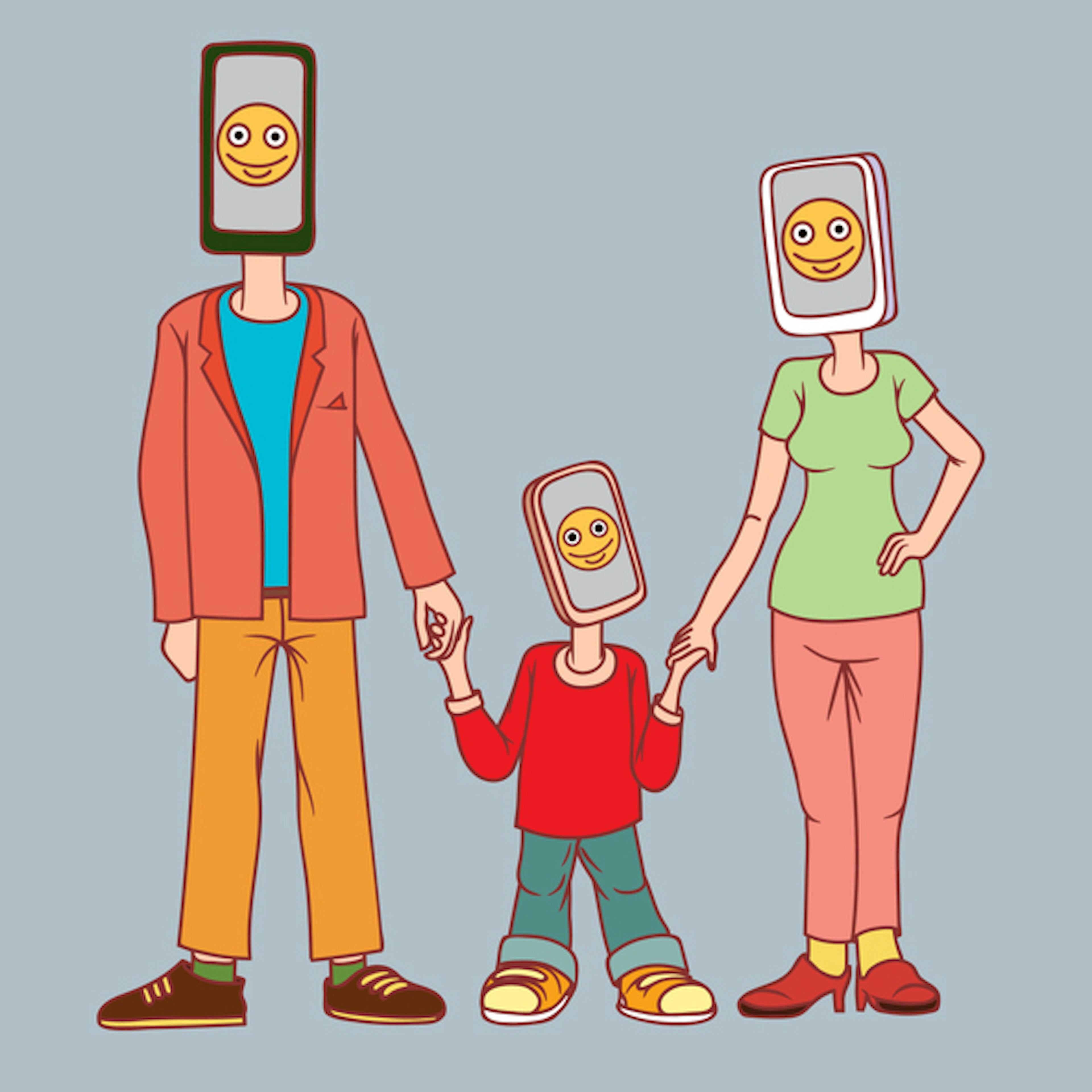 A man, a woman and a child with a phone instead of a head