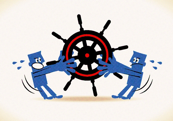 Two businessmen fighting for the managing position (holding rudder conflicting with each other)