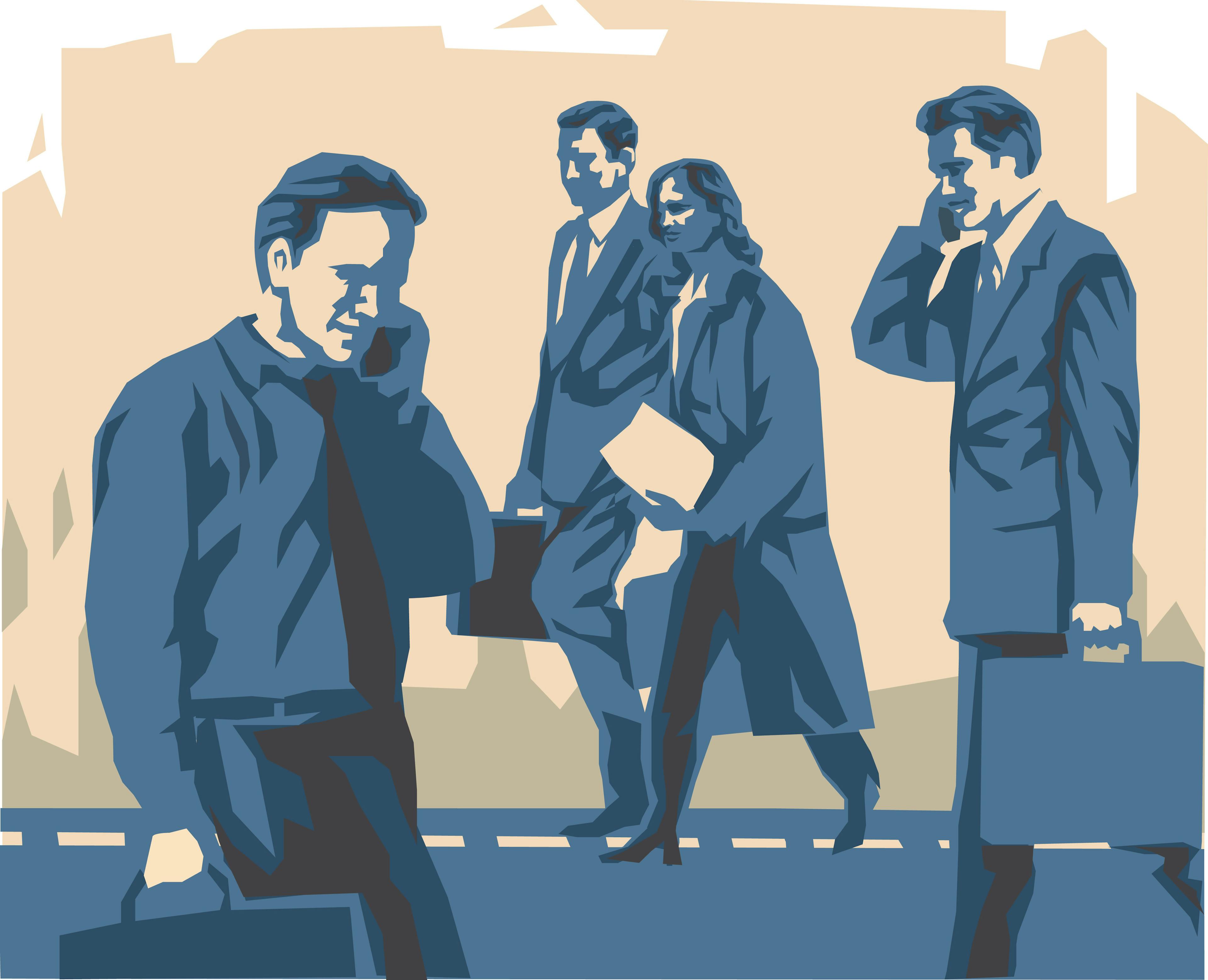 Businessmen using mobile phones outdoors, business couple walking