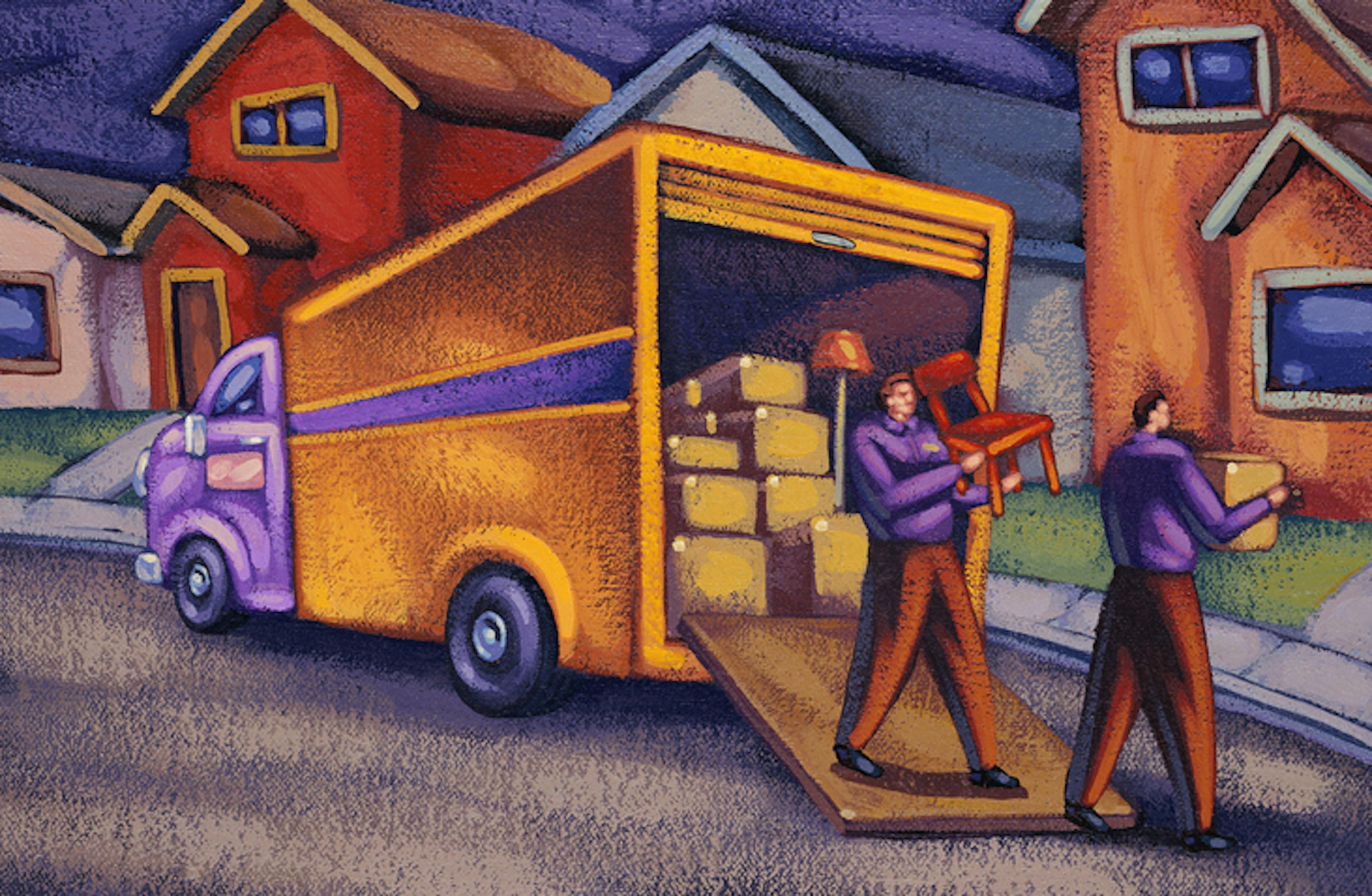 Men taking chair and box out of moving van