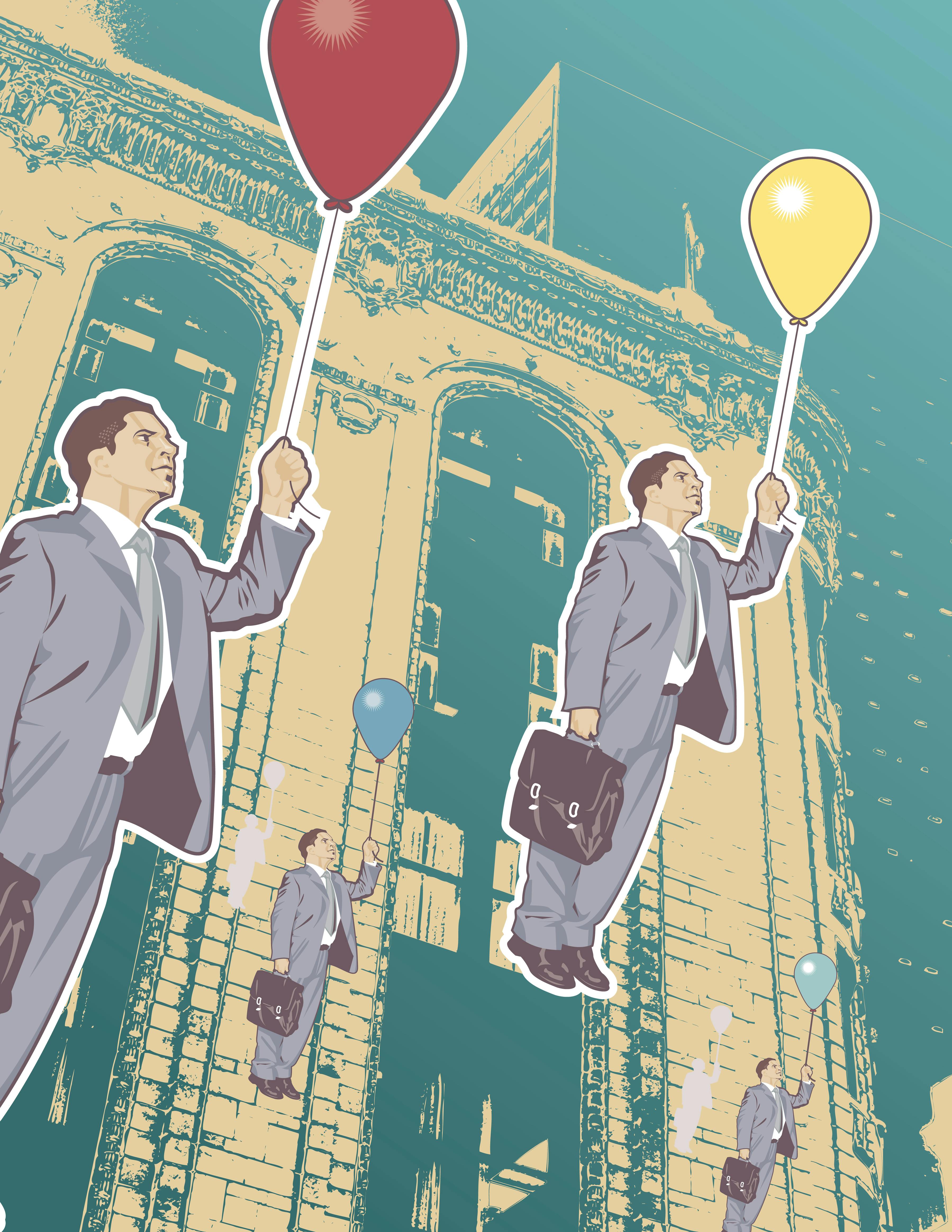 Floating businessmen with balloons in hand
