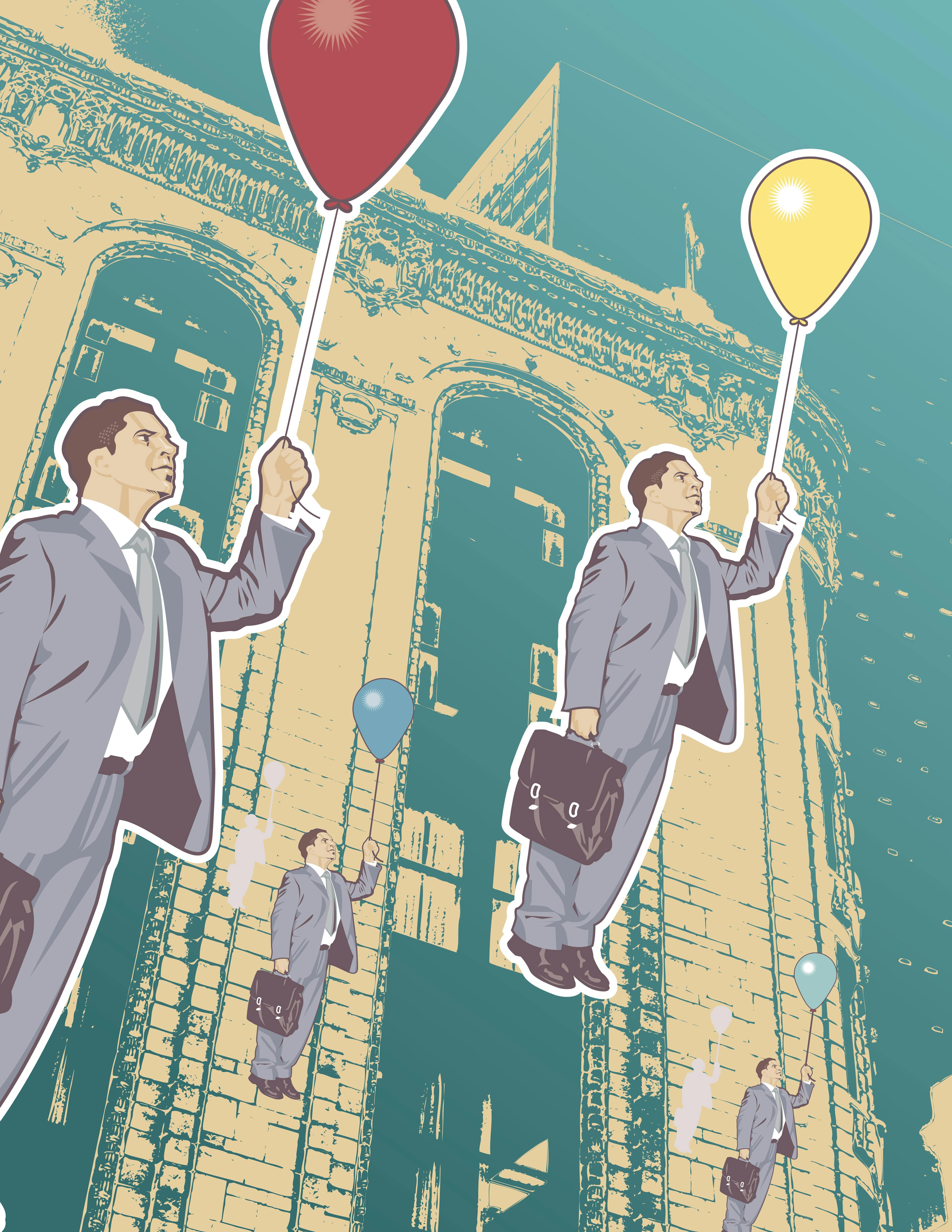 Floating businessmen with balloons in hand