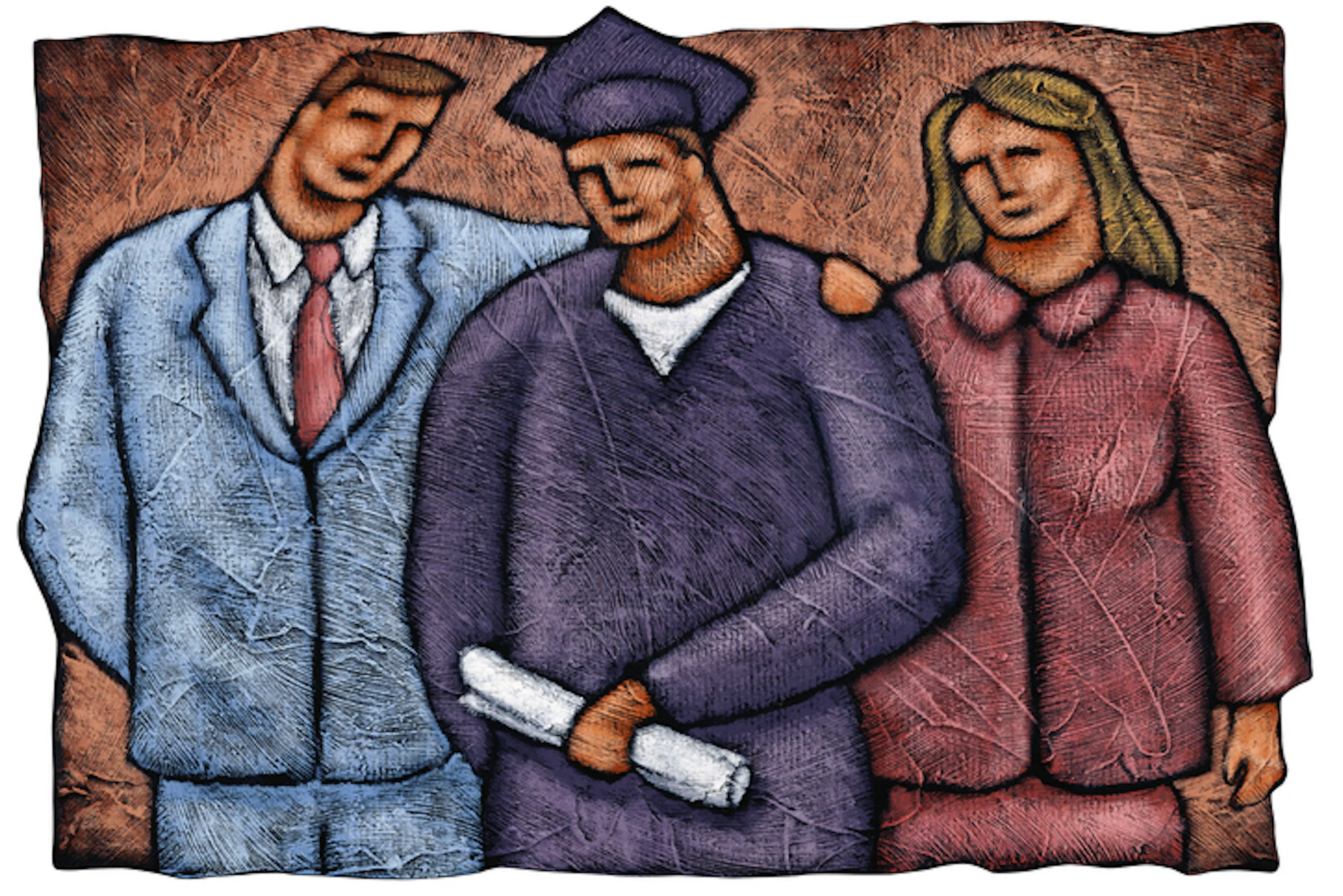 Graduate holding scroll and wearing robe, standing with parents