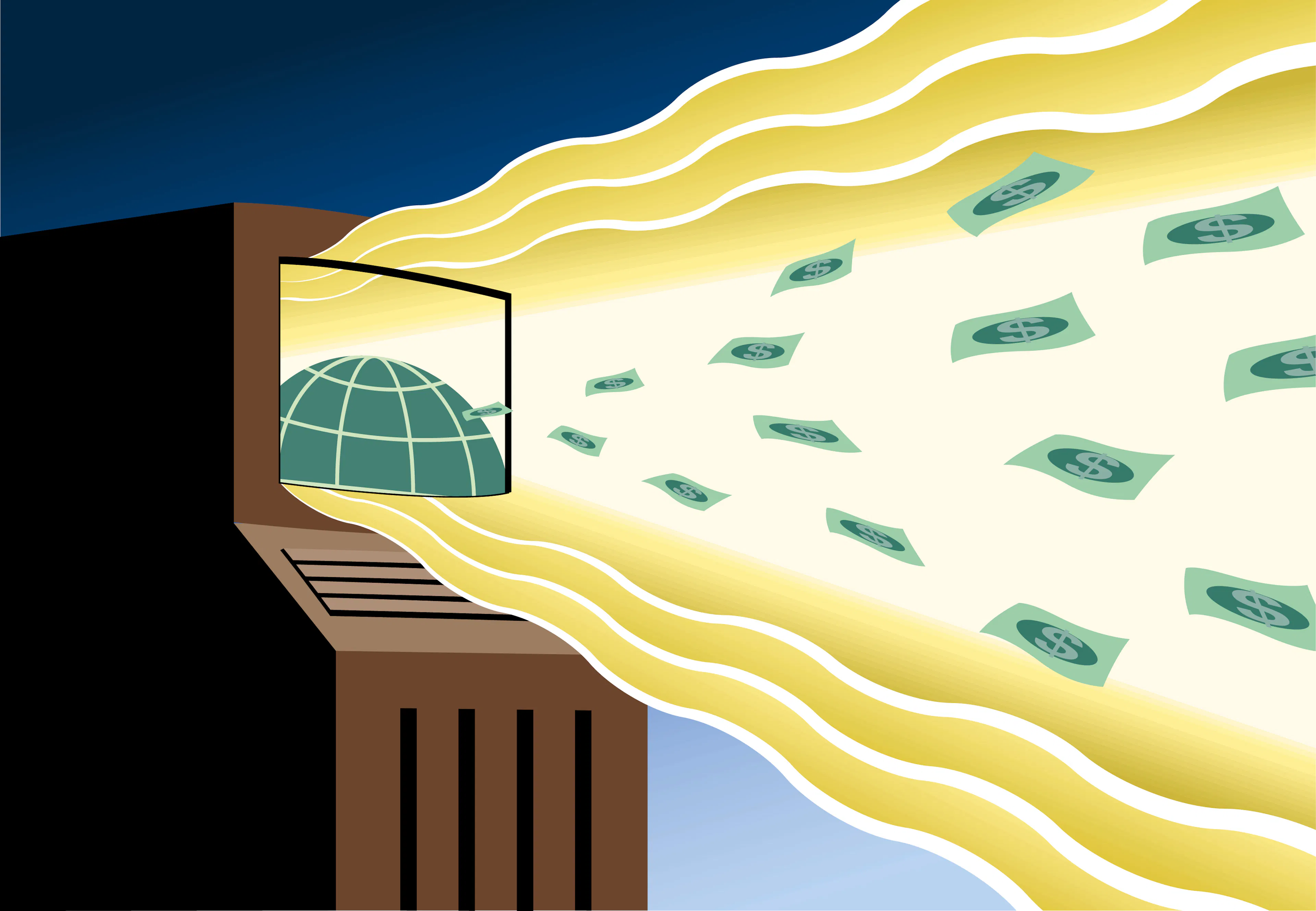 Paper money streaming out from globe on computer screen